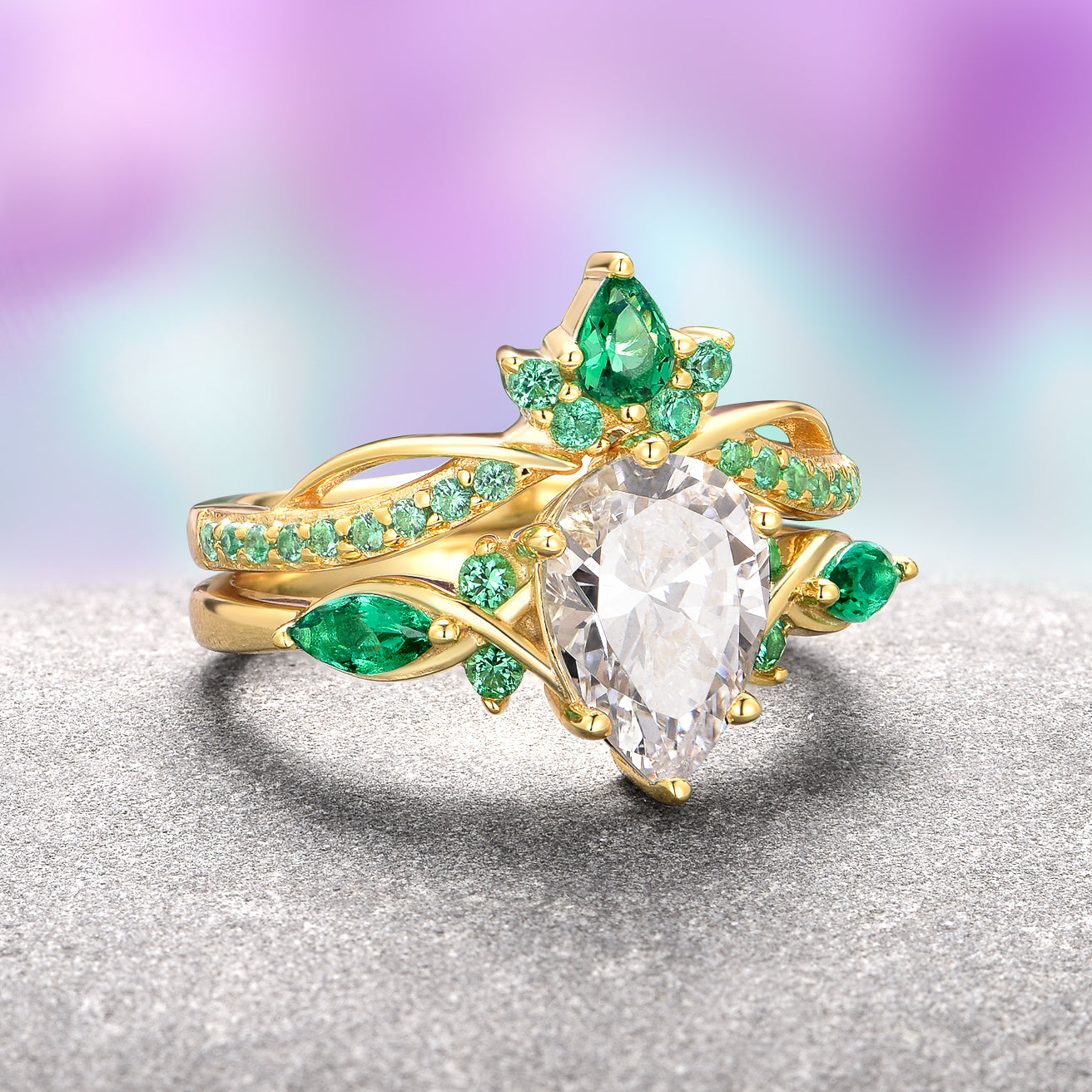 Feyra 14K Solid Yellow Gold Emerald & Moissanite Engagement Ring Set for Women - Elegant Wedding, Proposal, Anniversary Gift Jewelry