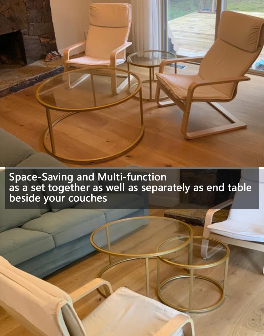Modern Round Nesting Coffee Table Set of 2 - Gold Metal Frame & Tempered Glass Side Tables for Living Room, Dining Room - 31.5