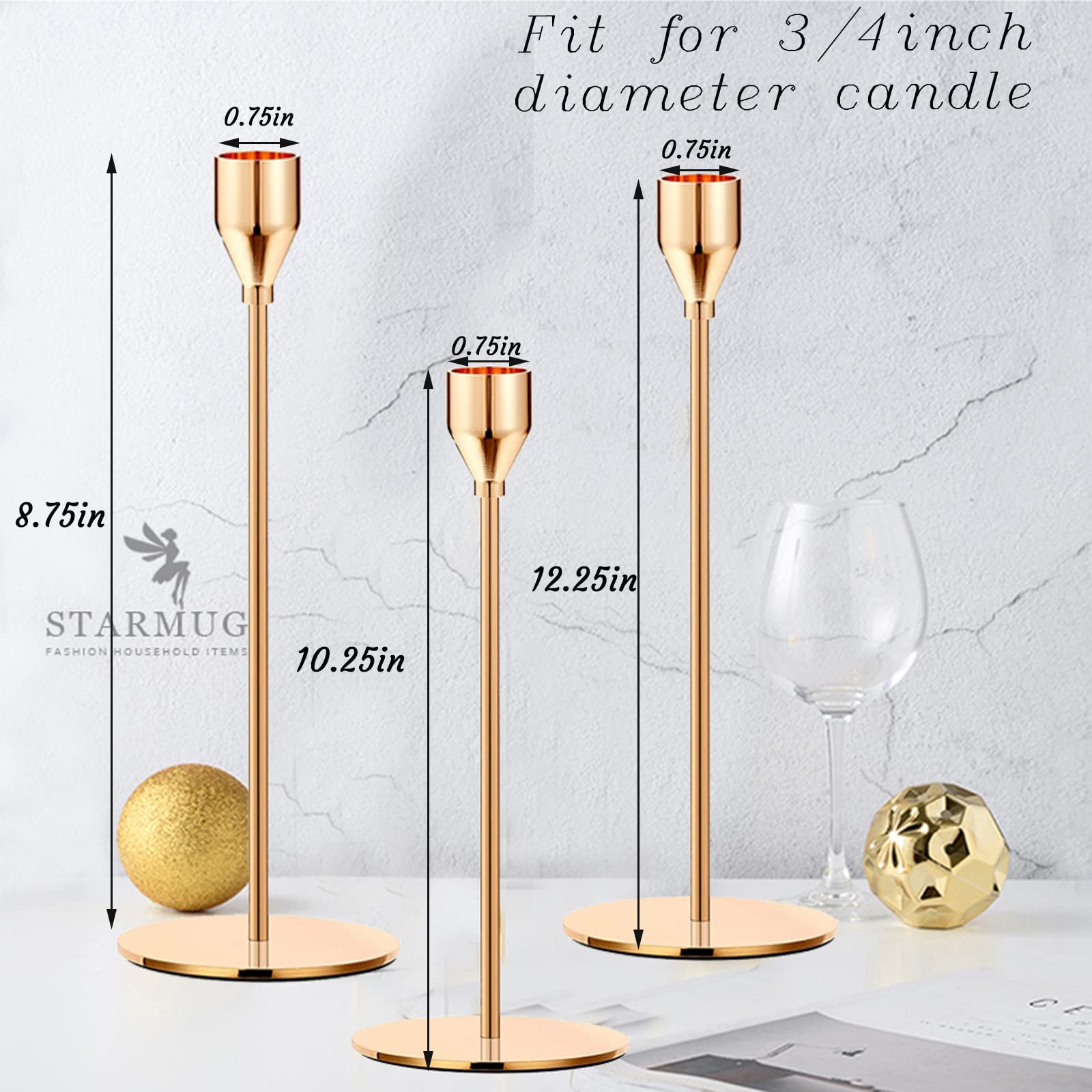 French Honey Gold Candle Holders Set of 6 - Tall Taper Candlesticks for 3/4