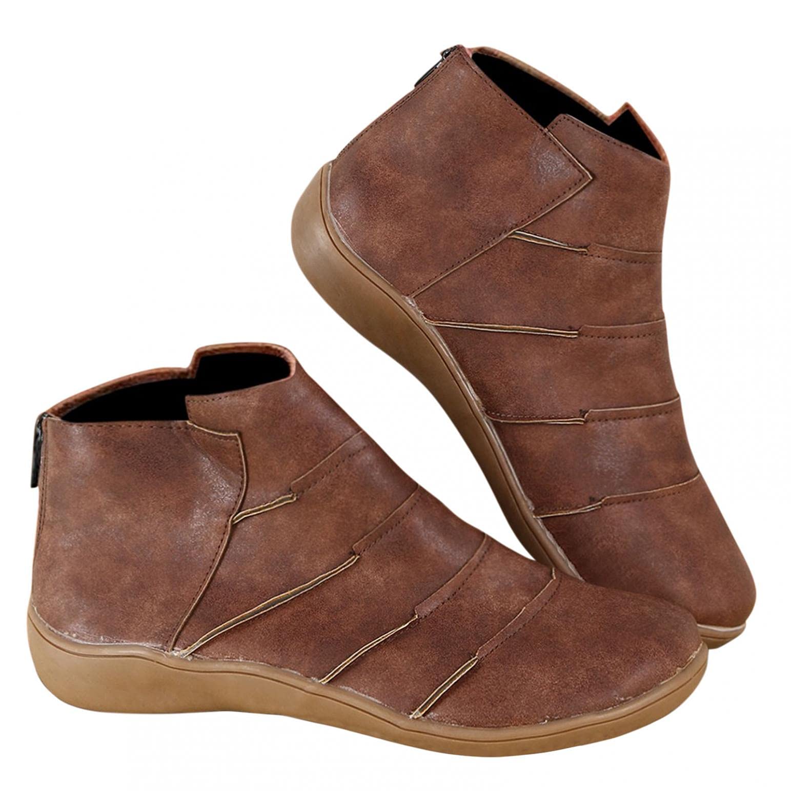 AODONG Women's Low Heel Ankle Booties - Chunky Stacked Heel Side Zipper Boots in Brown | Comfortable Casual & Office Wear for Fall & Winter