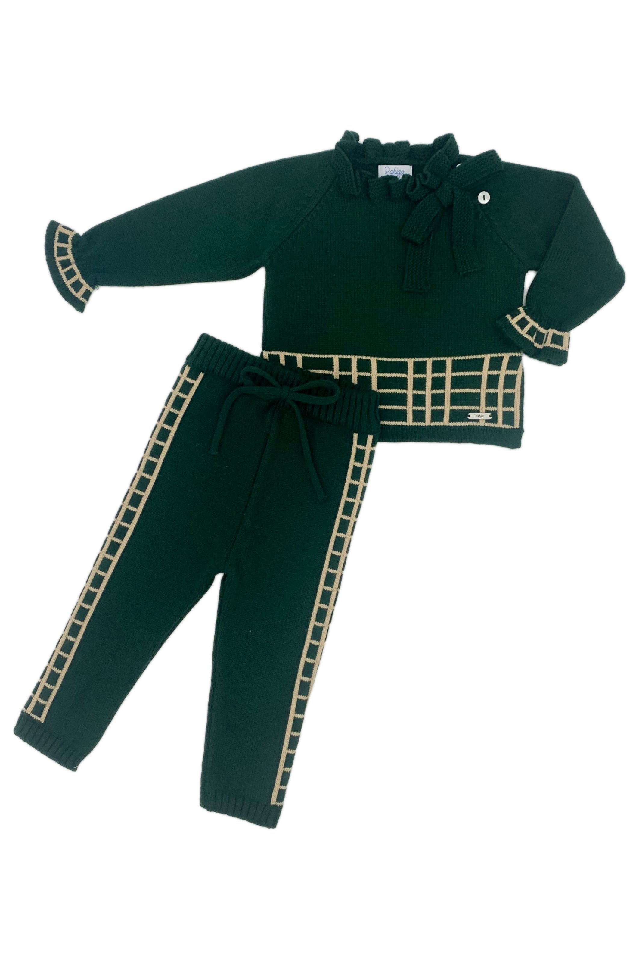 Sienna Bottle Green & Camel Check Knit Tracksuit Set - Women's Casual Lounge Wear for Home, Travel & Street Style Fashion