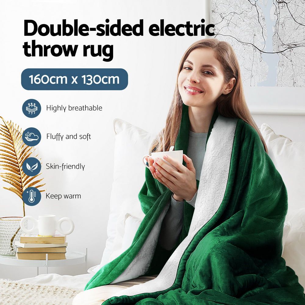 Giselle Electric Heated Blanket - Double Sided Green Throw Rug for Couch & Bed - Cozy Warming Blanket for Winter, Home, Office & Travel Use