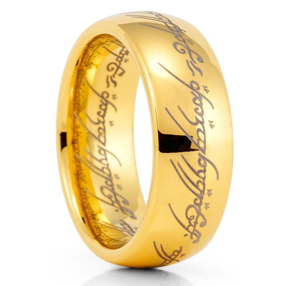 Yellow Gold Tungsten Wedding Ring for Men - Lord of The Rings Inspired Tungsten Carbide Band - Comfort Fit Anniversary & Engagement Ring - Perfect for Fans, Grooms & Couples - Ideal for Weddings, Proposals & Special Occasions