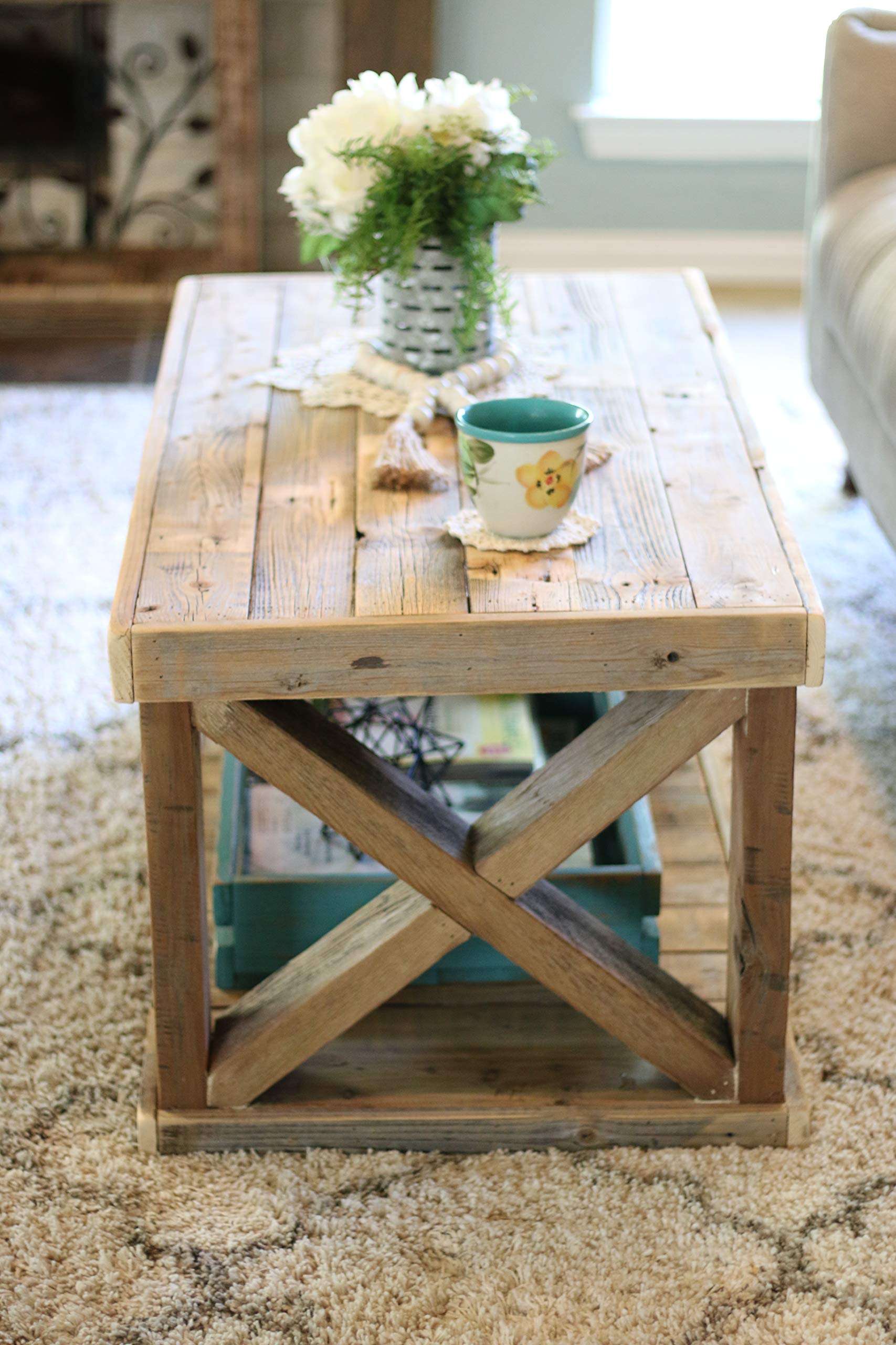 Doug and Cristy Designs Natural Wooden X Leg Coffee Table - Modern Farmhouse Style for Living Room, Lounge & Office Decor