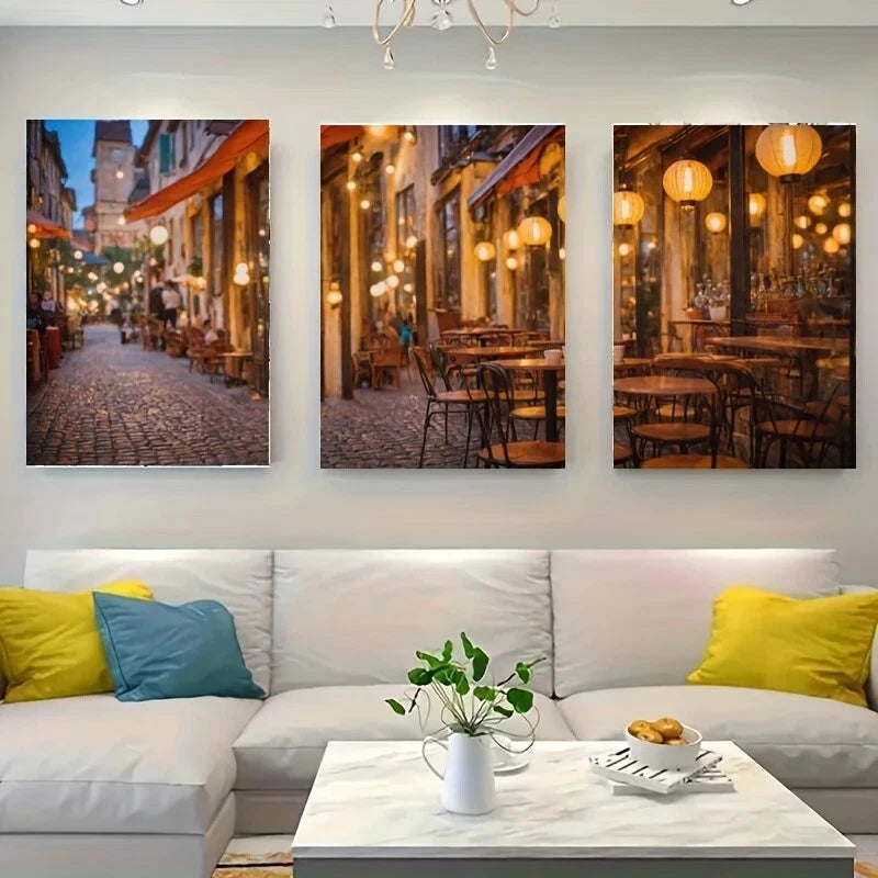 3-Piece Majestic White Metal Print Wall Art - Cobblestone Street Landscape - Ready to Hang - Perfect for Living Room, Bedroom & Office Decor