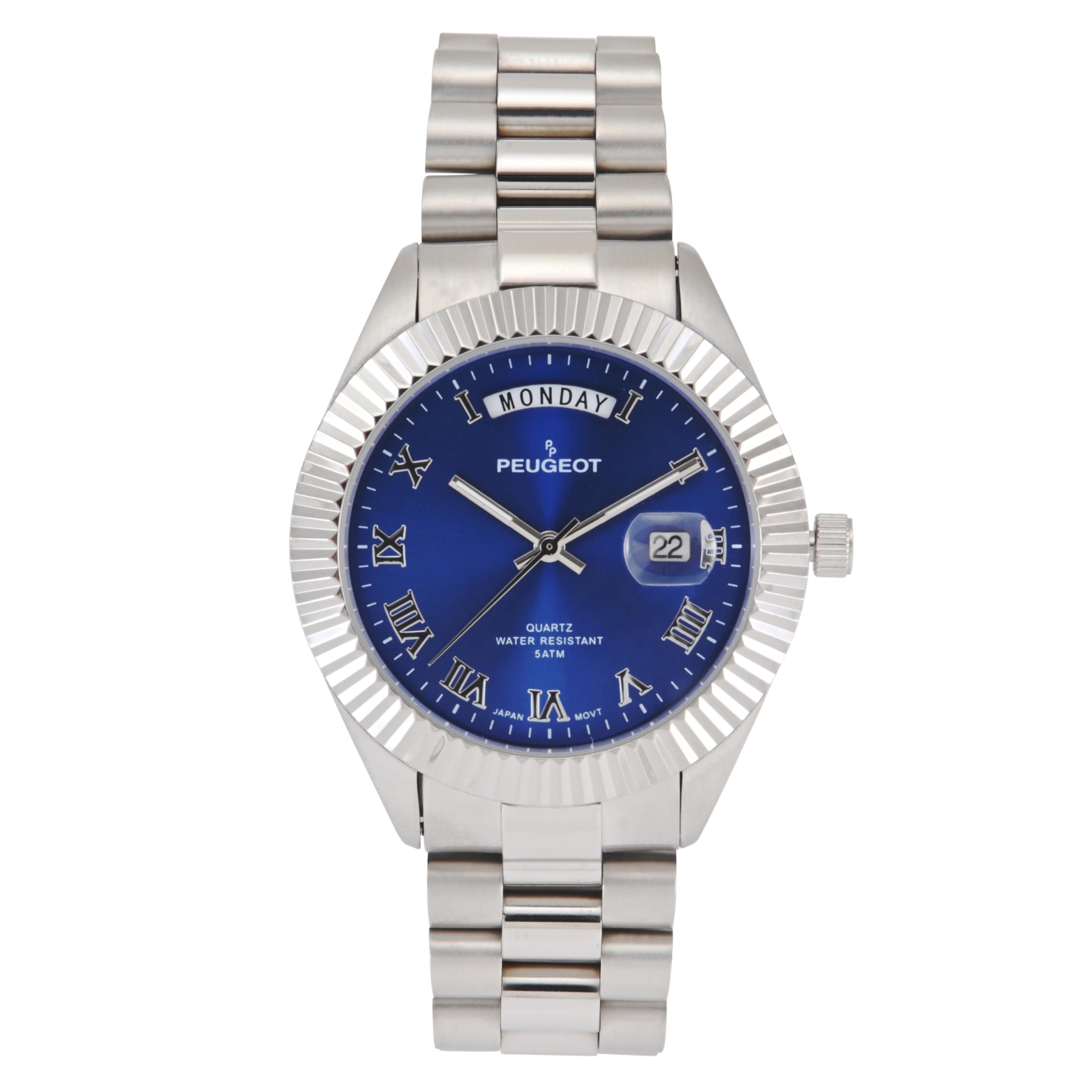 Peugeot Men's Luxury Stainless Steel Watch - Big Face, Day Date Windows, Roman Numerals & Coin Edge Fluted Bezel - Perfect for Business, Formal Events & Everyday Wear