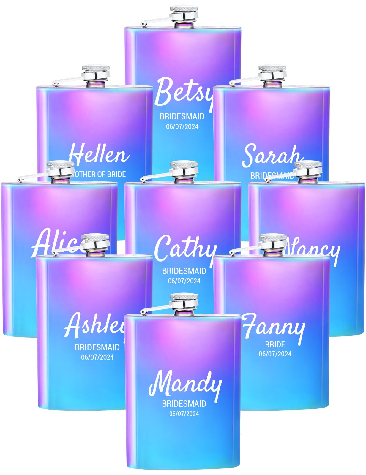 Personalized Bridesmaid Flasks Set of 9 - Custom 8oz Stainless Steel Engraved Liquor Flasks for Women - Unique Bachelorette, Wedding Party, Valentine's & Birthday Gifts (Multicolor) - Perfect for Girls' Night Out, Bridal Showers & Special Celebrations