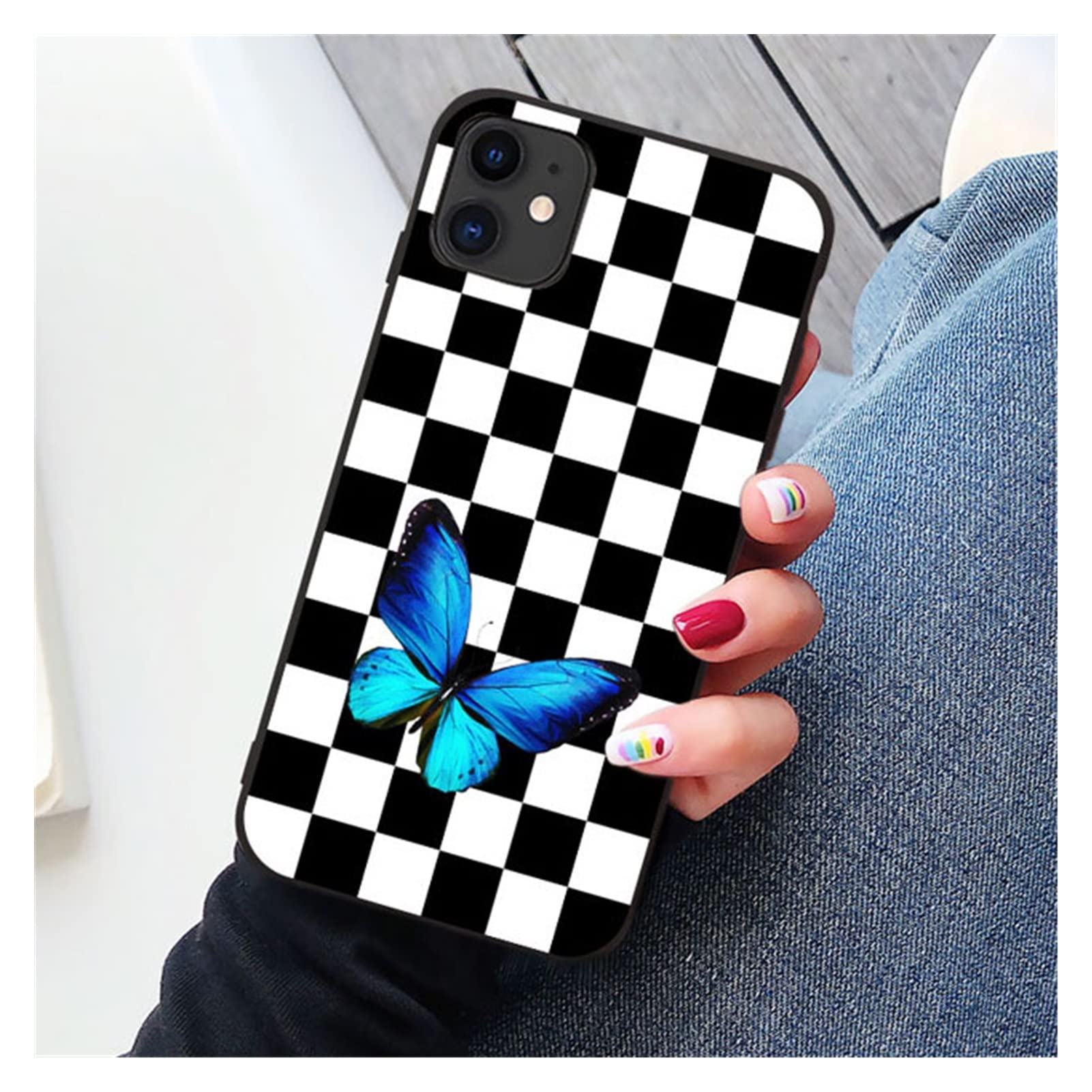 NSADE Cute Cartoon Grid Phone Case for iPhone 7/8/XR/X/XS/11/12/13 Pro MAX/SE 2020 - Clear Plaid Protective Cover for iPhone 13 Mini - Trendy & Durable for Daily Use, School, Work & Travel