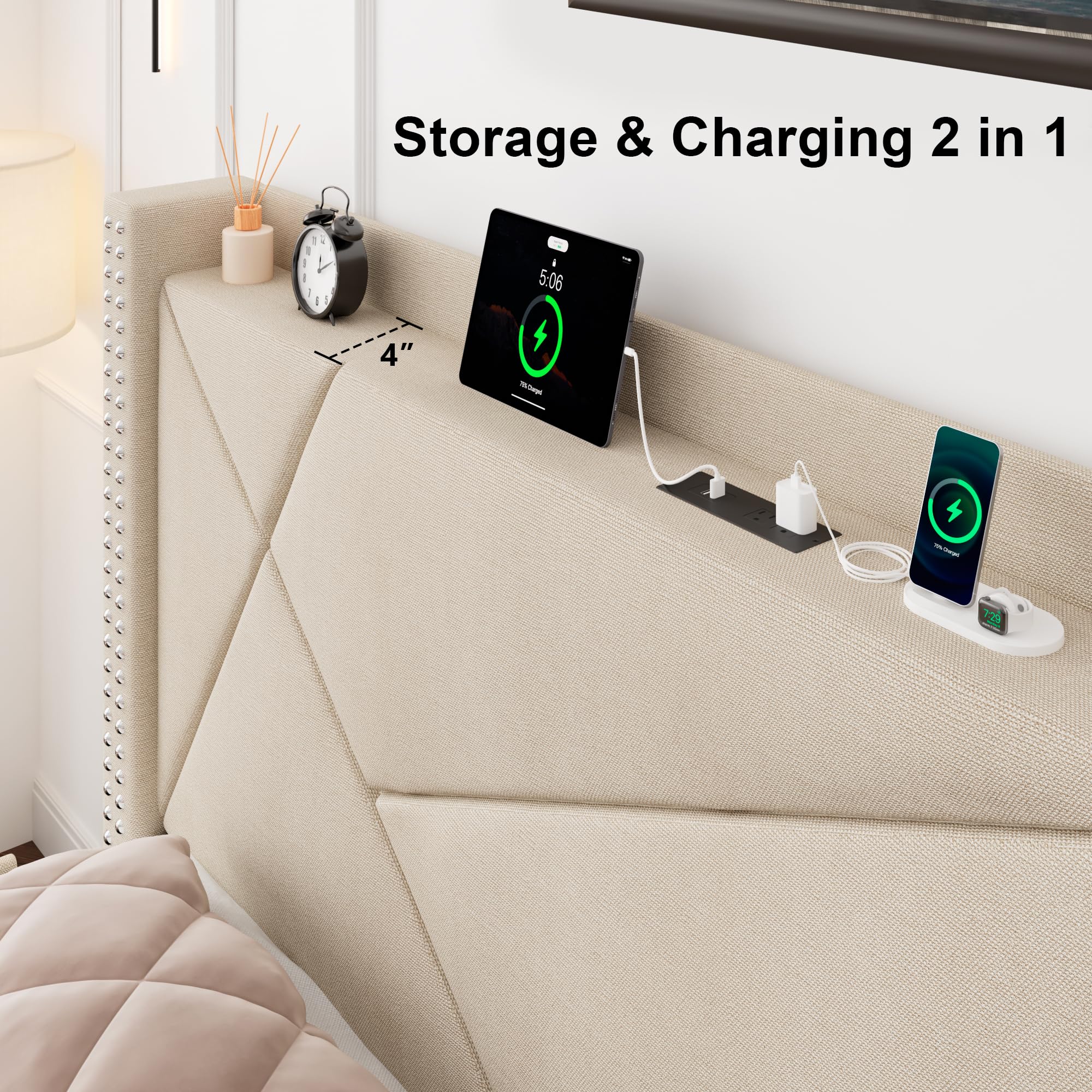 **Feonase Full Size Bed Frame with 4 Storage Drawers & USB Charging Station - Upholstered Platform Bed with Wingback Headboard, Solid Wood Slats, No Box Spring Needed, Noise-Free, Beige - Perfect for Small Bedrooms, Guest Rooms & Apartments**