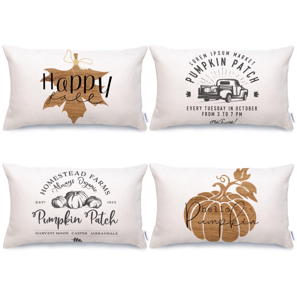 12x20 Inch Fall Decor Pillow Covers Set of 4 - Autumn Pumpkin Patch Truck & Maple Leaves Farmhouse Throw Pillow Cases for Sofa Couch - Perfect for Thanksgiving, Seasonal Home Decor & Cozy Living Room Styling