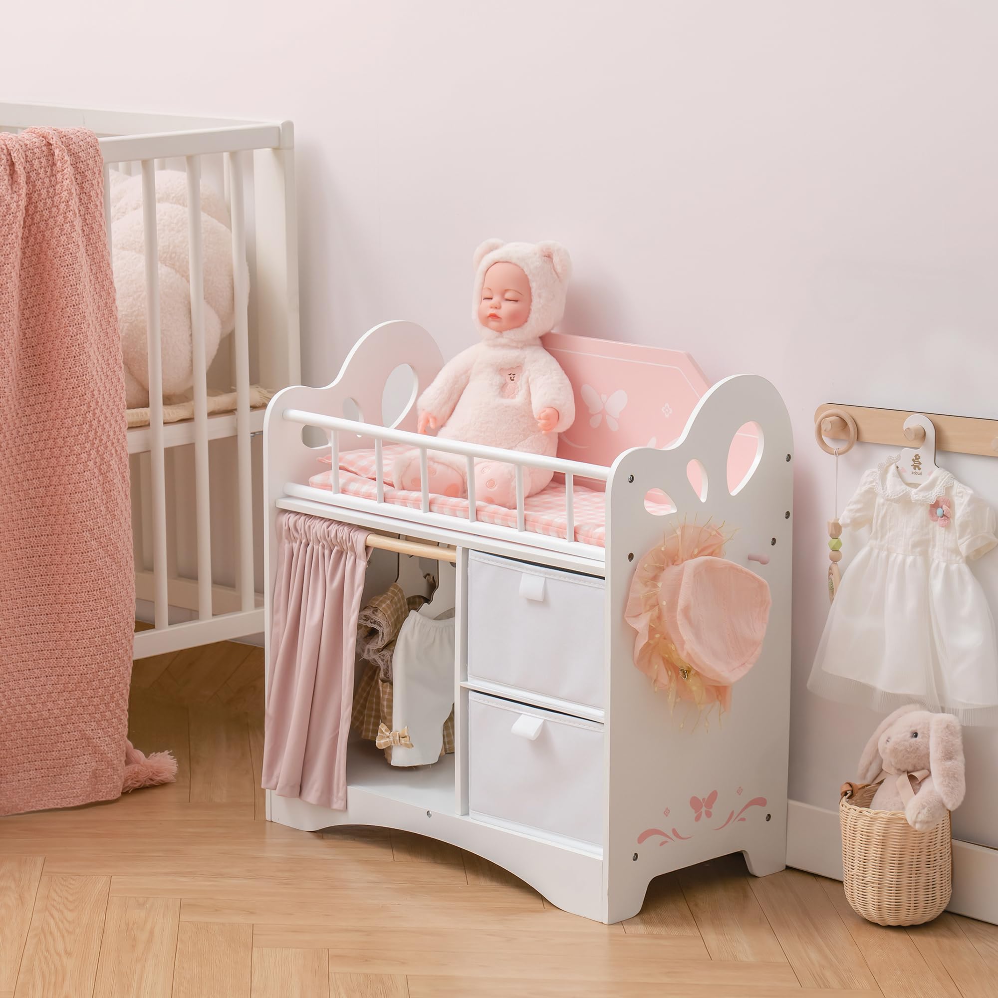 ROBOTIME Pink Wooden Doll Crib with Storage & Bedding - 21