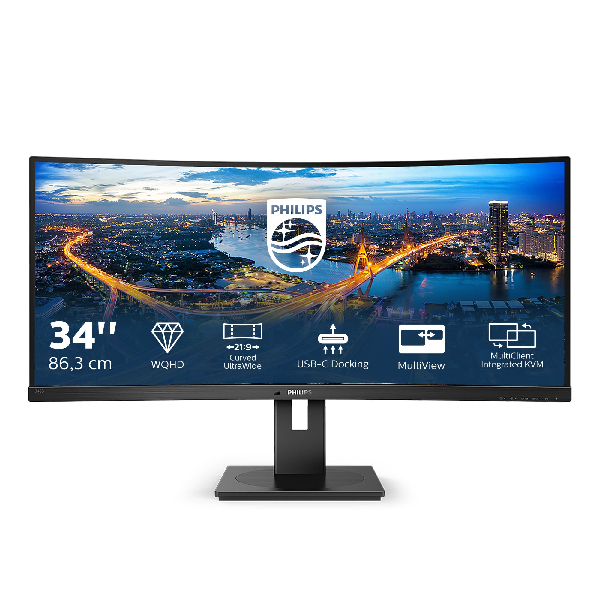 Philips 346B1C 34-Inch WQHD Curved USB-C Docking Monitor with Height Adjustment (3440x1440, 100Hz, HDMI, DisplayPort, USB-C, RJ45, USB Hub) - Black | Perfect for Home Office, Gaming & Multitasking