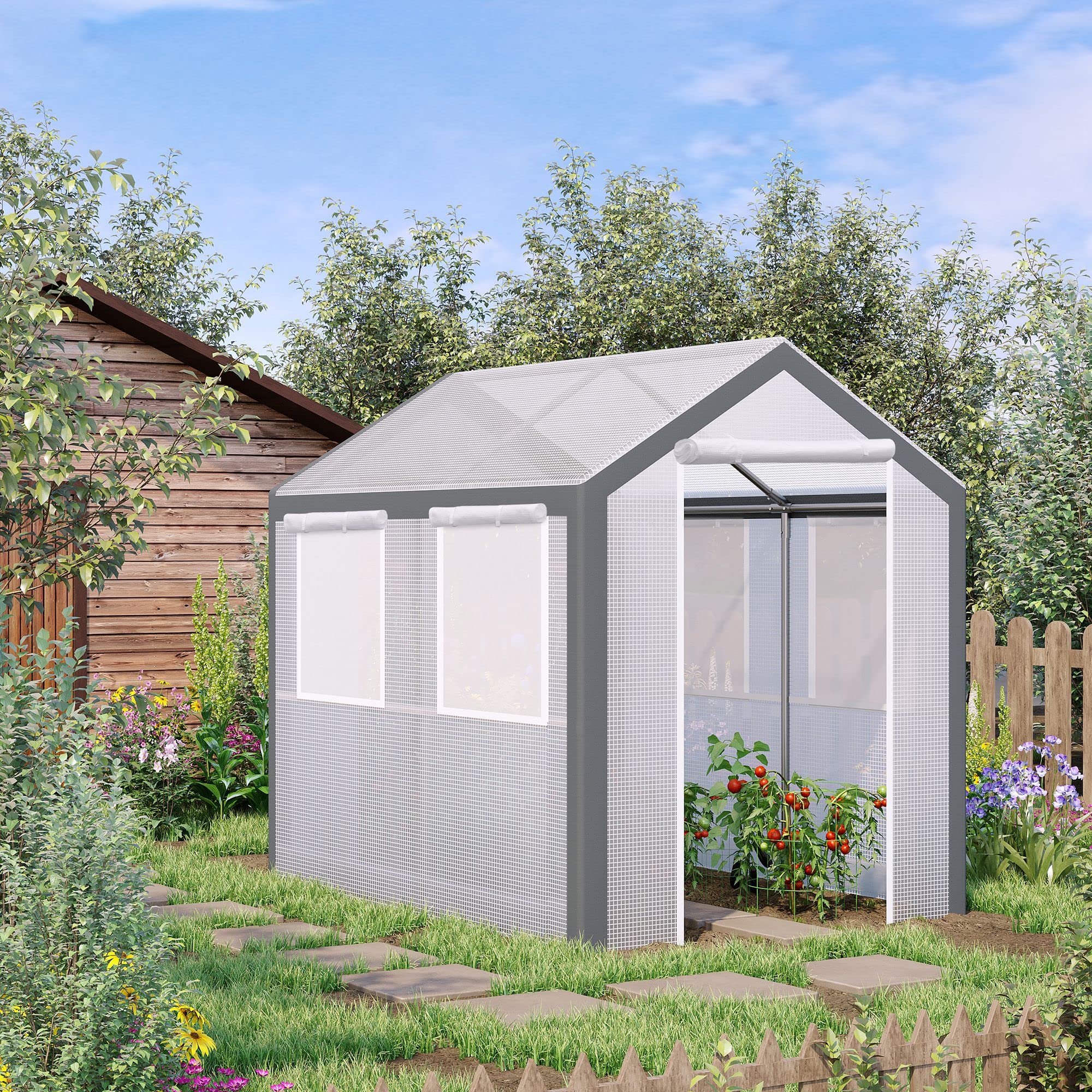 Outsunny 8' x 6' x 7' Walk-in Greenhouse for Plants | Outdoor Garden Greenhouse with 4 Roll-up Windows & 2 Zippered Doors | Weatherproof Cover for Year-Round Gardening | Perfect for Seed Starting, Plant Protection & Backyard Gardening