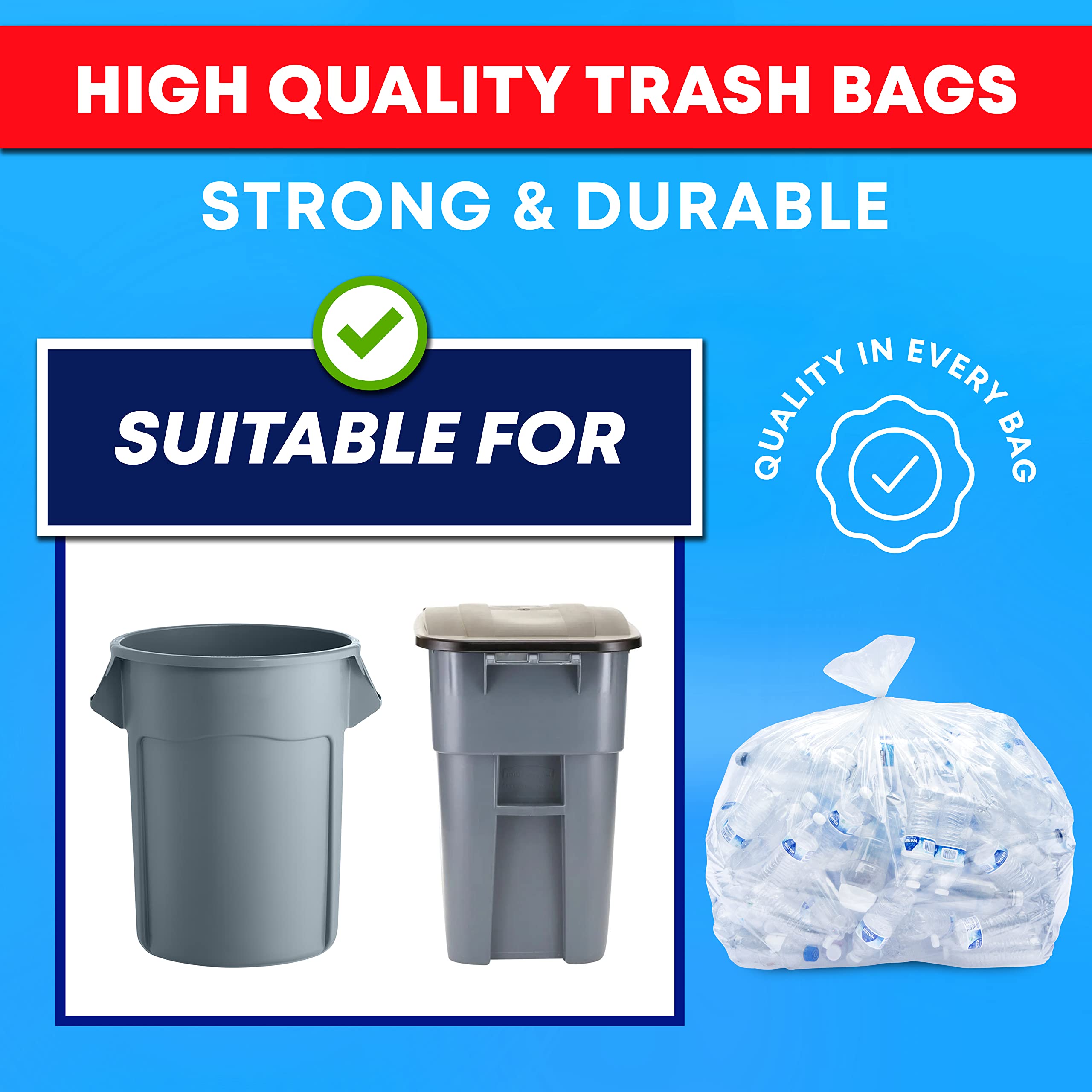 55 Gallon Clear Trash Bags with Drawstring Ties - Heavy Duty Large Plastic Recycling Garbage Bags (50 Count) - Perfect for Home, Office, and Commercial Waste Disposal
