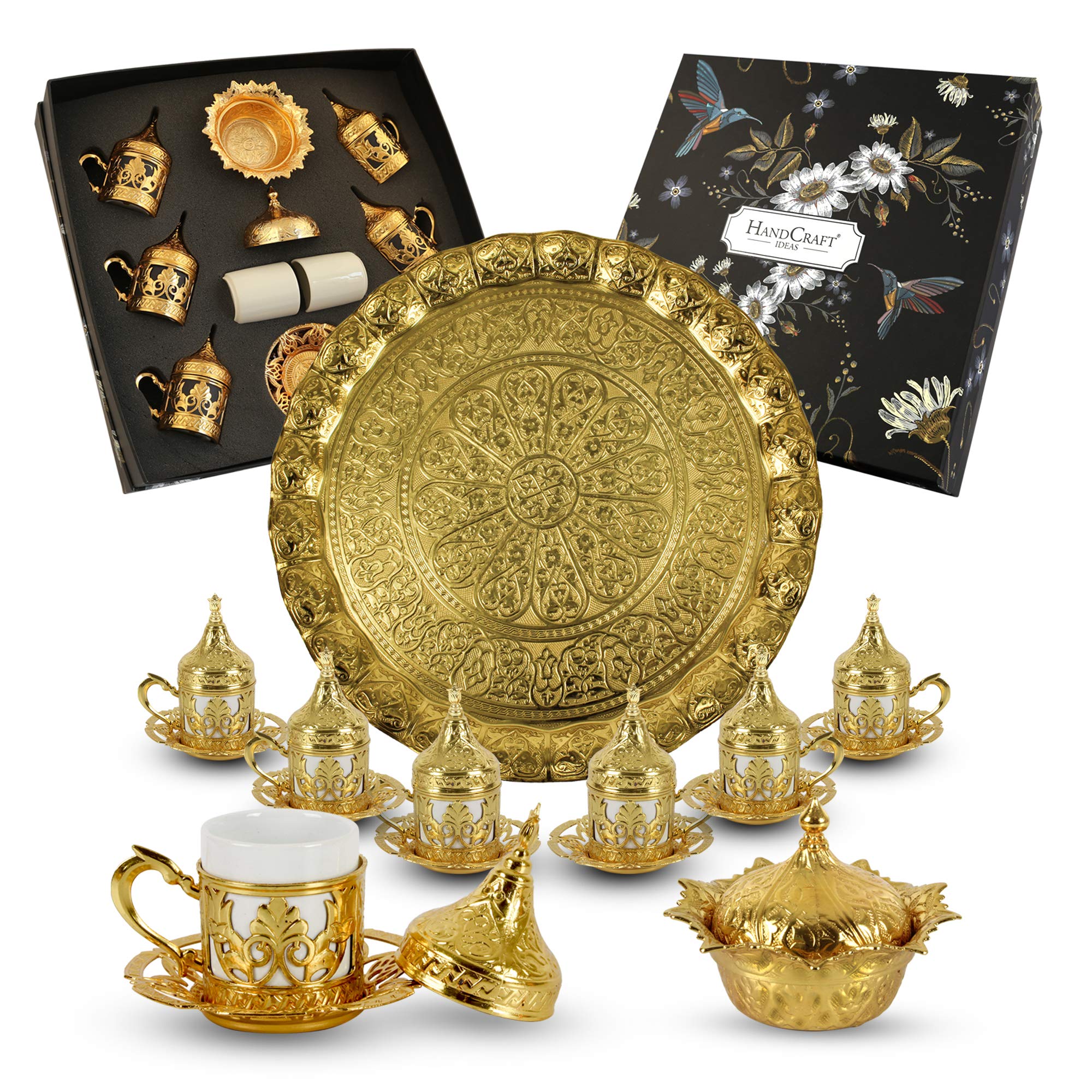 27-Piece Handmade Turkish Coffee Set with Gold Zamak Cups, Saucers, Sugar Bowl & Tray - 6-Person Espresso & Tea Serving Set - Perfect for Home Entertaining, Gift Giving & Traditional Coffee Ceremonies (CS6-203)