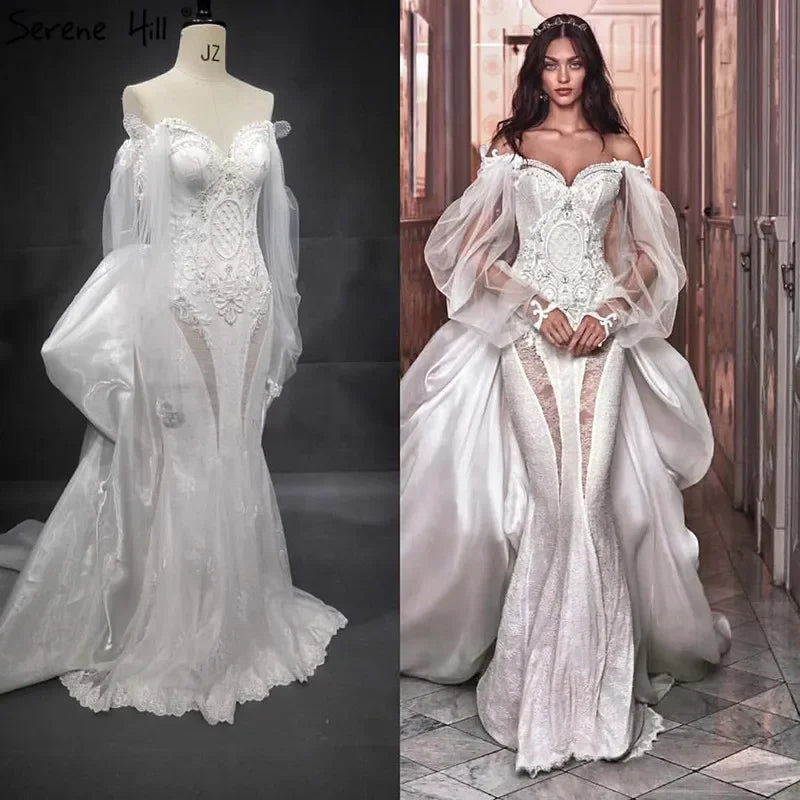 Elegant Off Shoulder Lantern Sleeves Wedding Dress with Crystal Lace - Custom Made Mermaid Bridal Gown for Dubai Weddings & Formal Events | Serene Hill HA2402