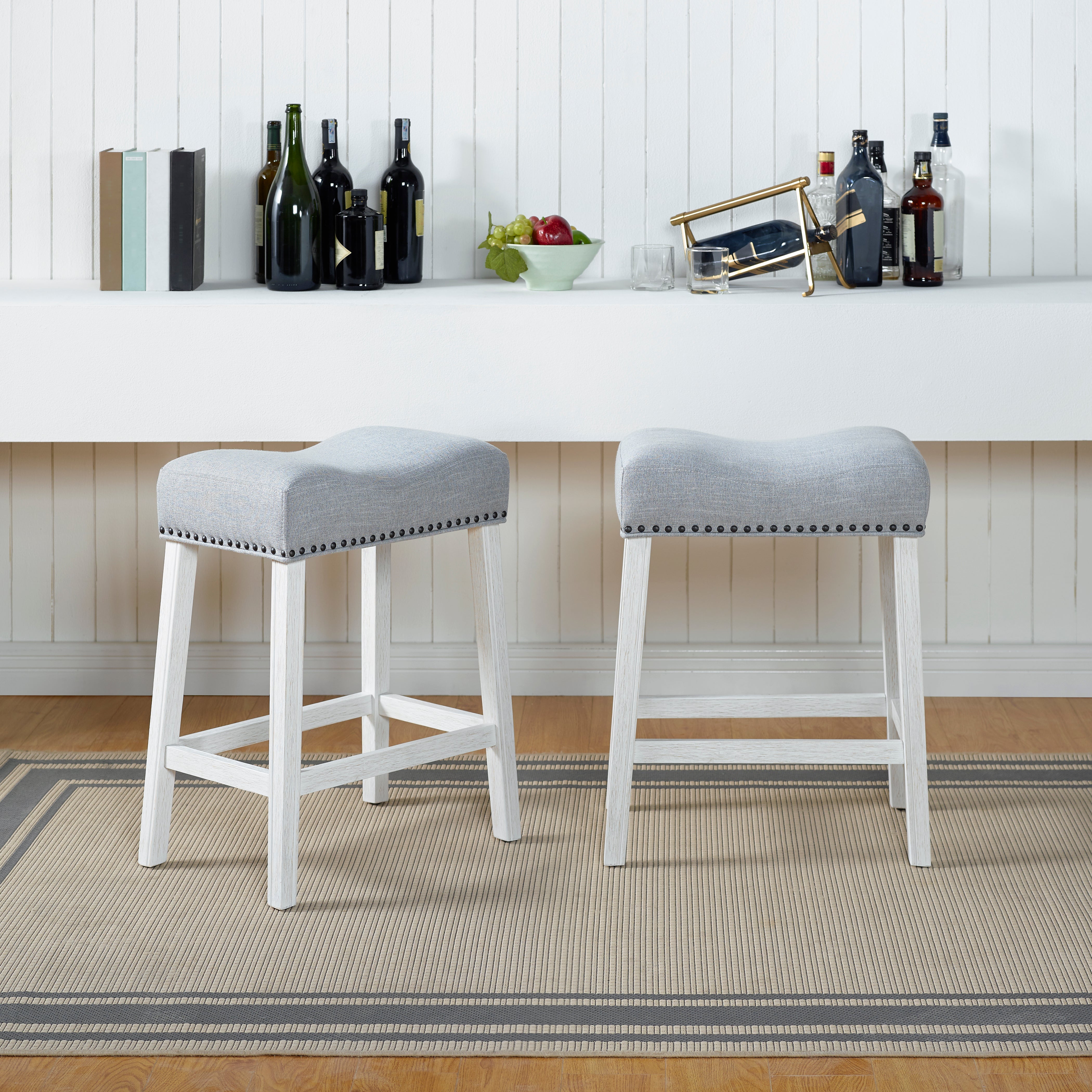 Roundhill Furniture CoCo Upholstered Counter Height Bar Stools - Set of 2, Gray Fabric with White Washed Finish, Saddle Seat - Perfect for Kitchen Islands, Breakfast Bars & Home Decor