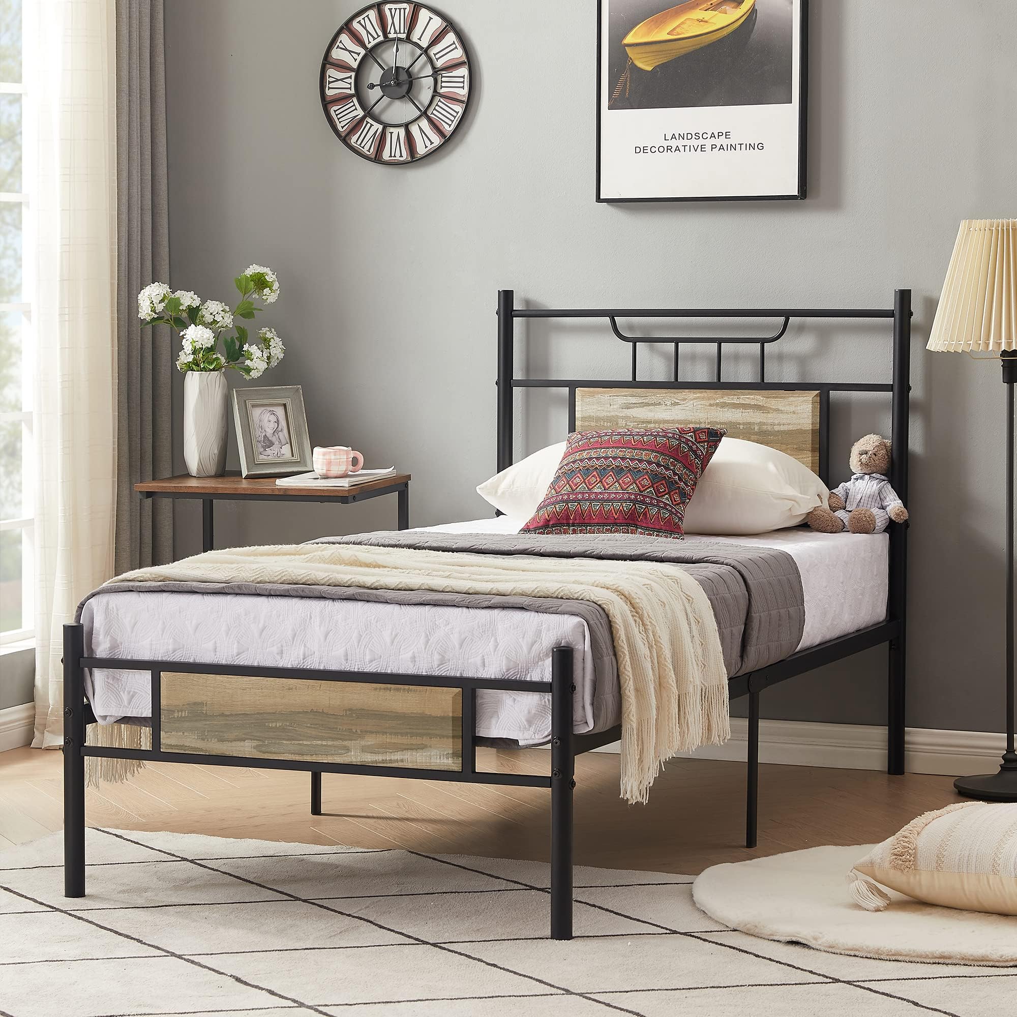 VECELO Twin Size Bed Frame with Wood Headboard - Sturdy Metal Slats Support, No Box Spring Needed, Easy Assembly, Slate Grey - Perfect for Kids Rooms, Guest Bedrooms & Small Spaces