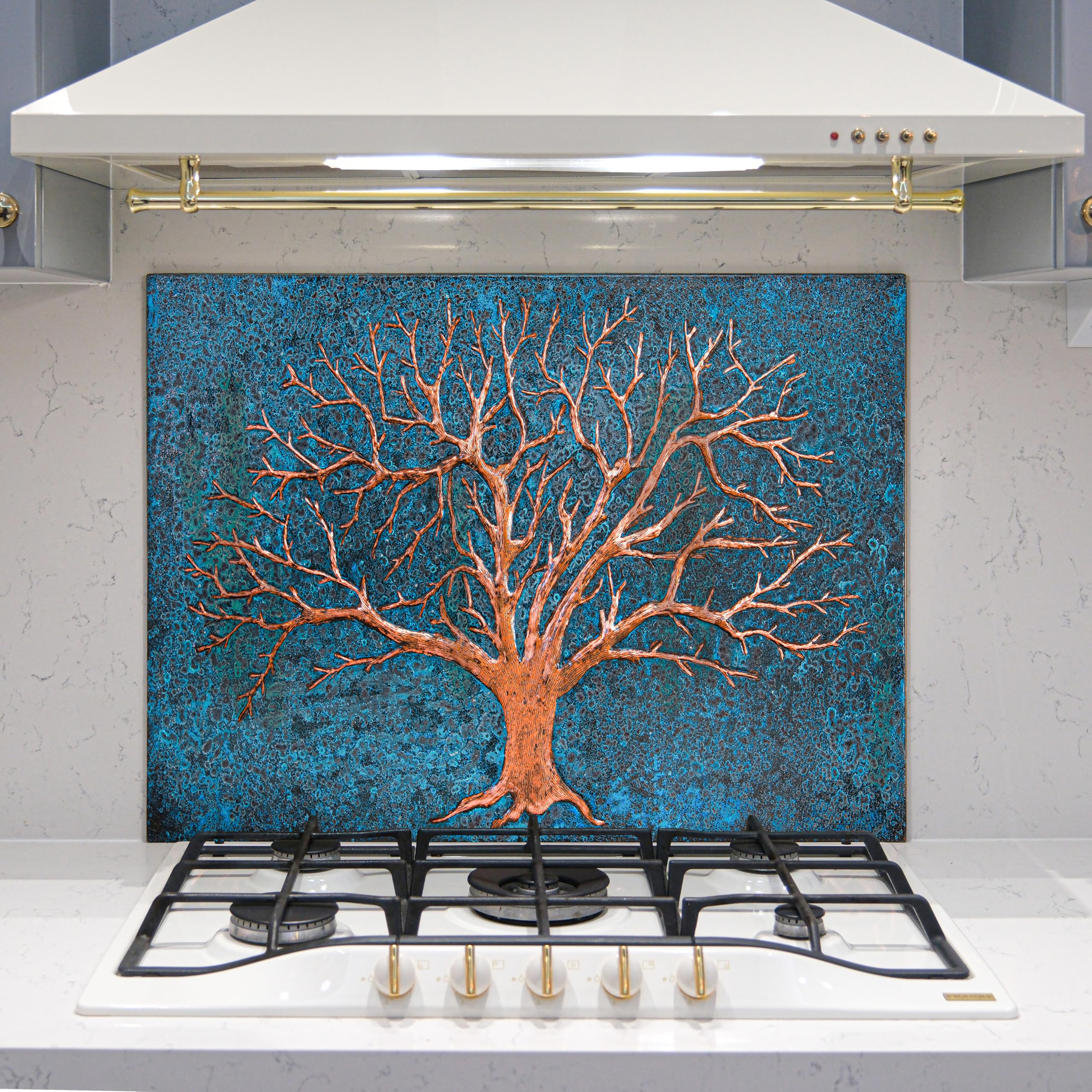 Handmade Copper Kitchen Backsplash Tiles - Tree of Life Design, Customizable Copper Splashback Panel for Indoor & Outdoor Wall Decor (Blue) | Perfect for Modern Kitchens, Bathrooms & Outdoor Living Spaces
