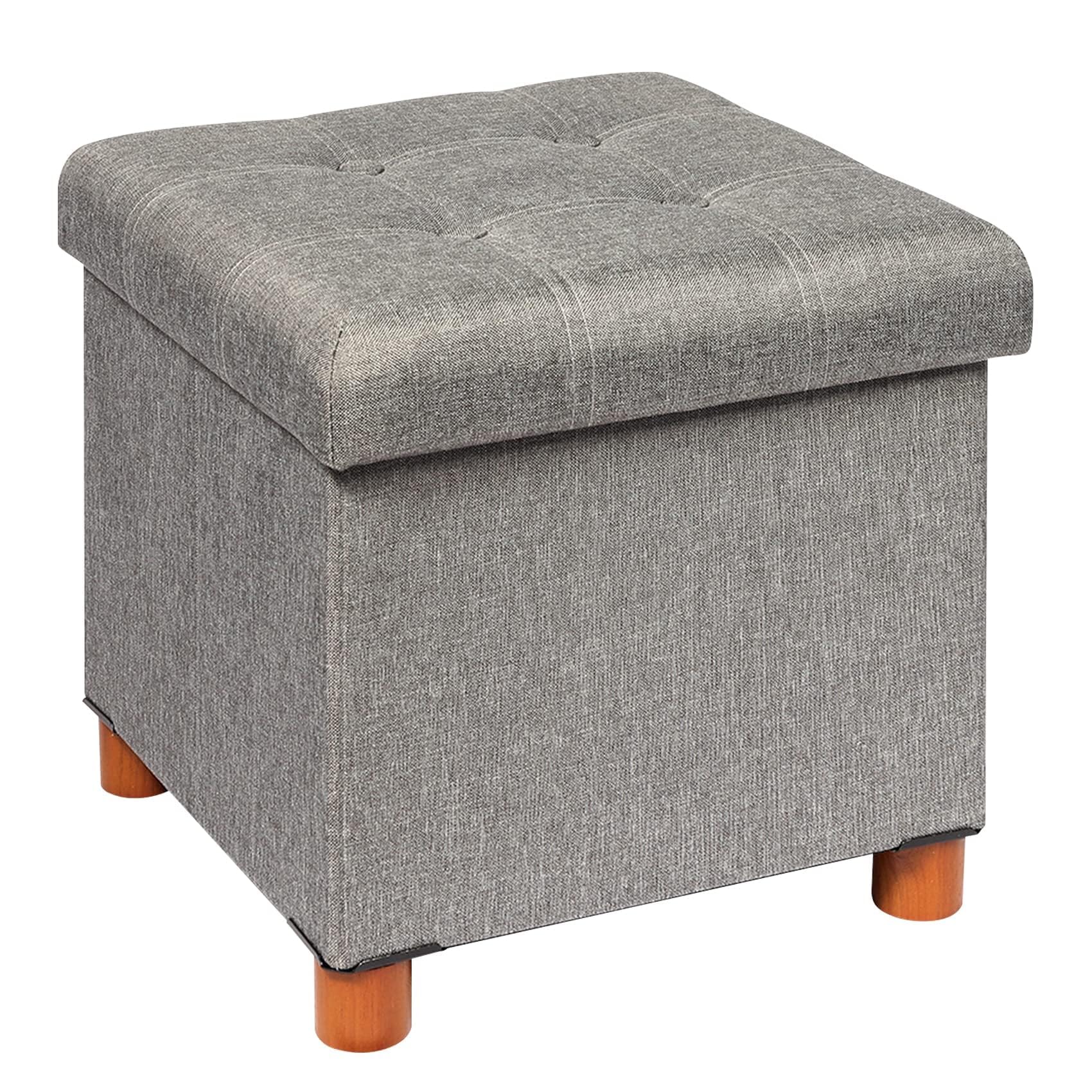 B FSOBEIIALEO Storage Ottoman with Tray - 15 Inch Grey Linen Foot Stool with Legs, Multi-Functional Cube Seat for Living Room, Bedroom & Entryway Storage