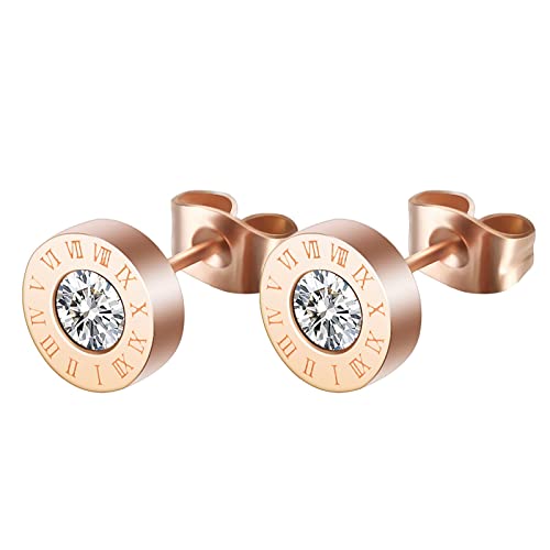 Trendy Roman Numeral Stud Earrings for Women - Gold & Rose Gold Stainless Steel Circle Round Earrings (One Size) - Perfect for Everyday Wear, Gifts & Special Occasions