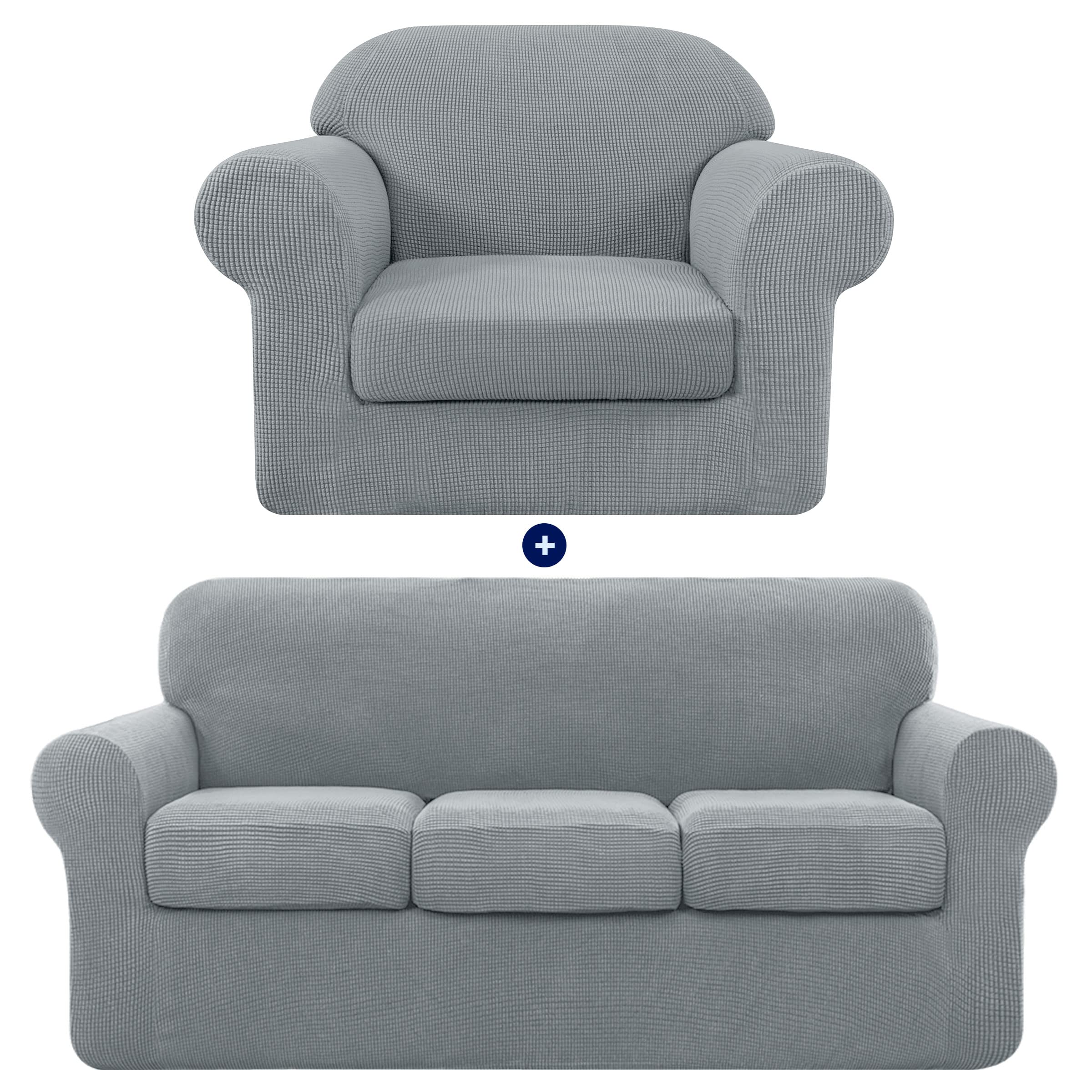 SUBRTEX Stretch Sofa Slipcover with Separate Cushion Covers - 1/3 Seater Couch Protector for Pets & Kids (Small/Large, Light Gray) - Perfect for Living Room Furniture Protection & Home Decor
