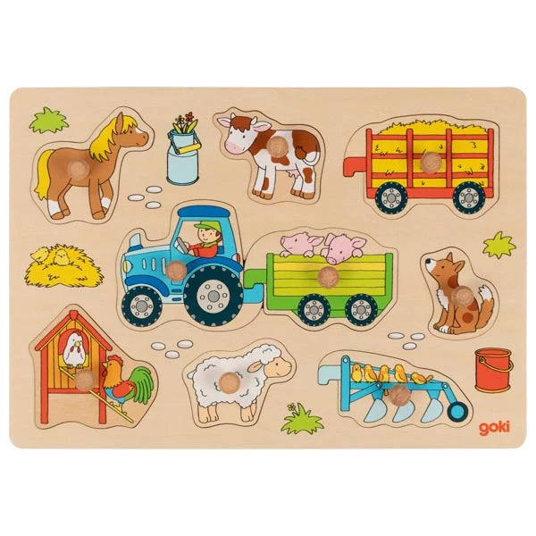 Wooden Lift Out Peg Puzzle - Tractor with Trailers - Educational Toddler Toy for Fine Motor Skills Development - Farm Theme Learning Activity for Kids Ages 1-3