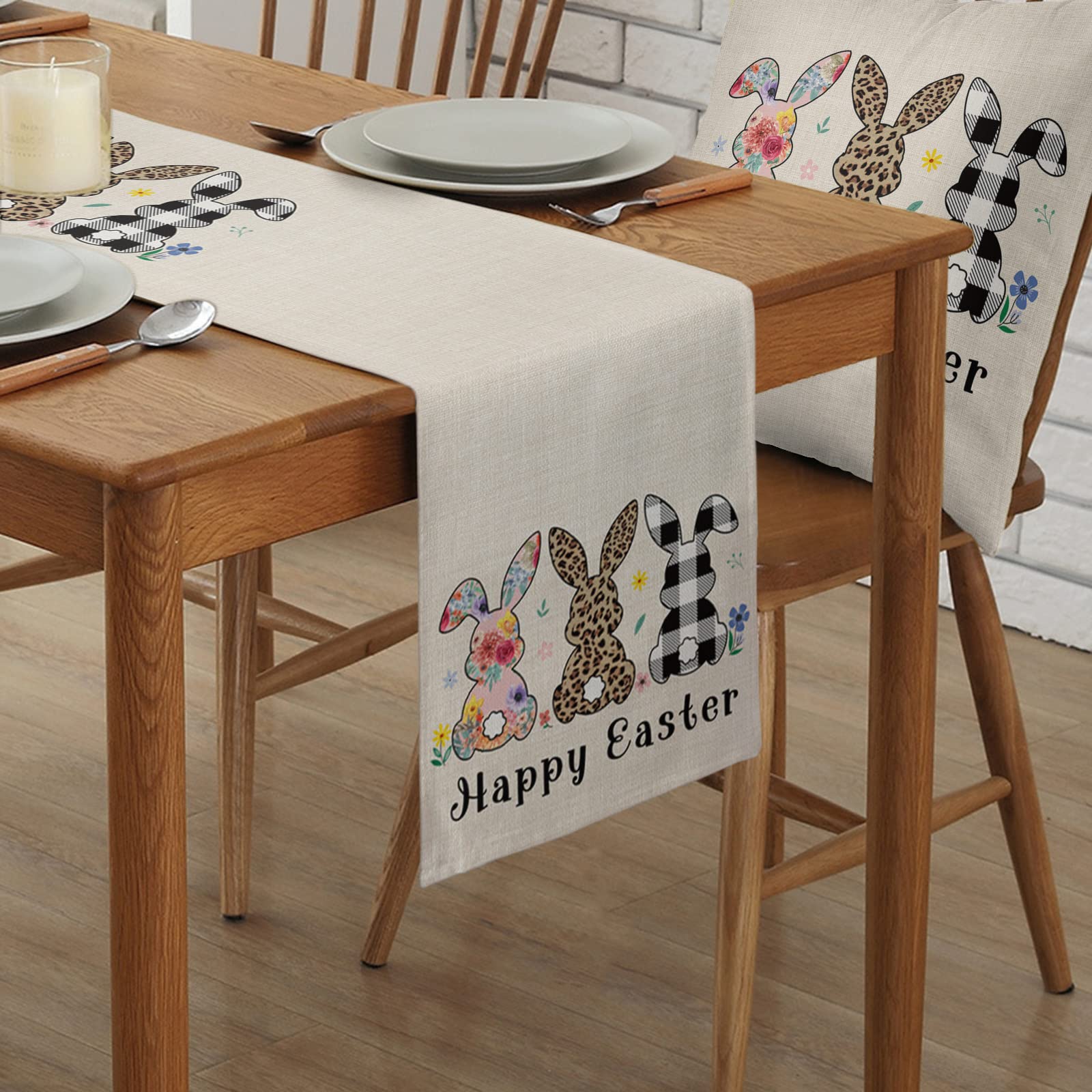 Easter Bunny Table Runner - Cute Rabbit Leopard Stripe Floral Decorative Runner for Easter Day, Spring Dinner Table Decor - 13x108 Inches - Perfect for Home Kitchen, Dining Room & Easter Party Supplies