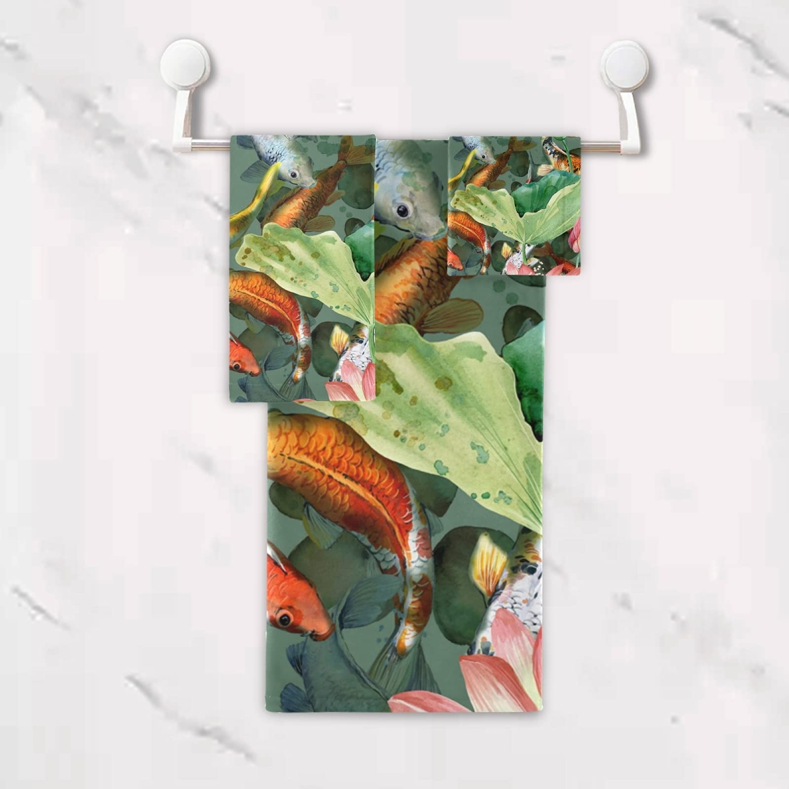 3-Piece Koi Fish with Flower Bath Towel Set - Soft Absorbent Bath, Hand & Wash Cloths for Bathroom, Hotel, Spa | Luxury Home Decor, Beach & Gym Essentials