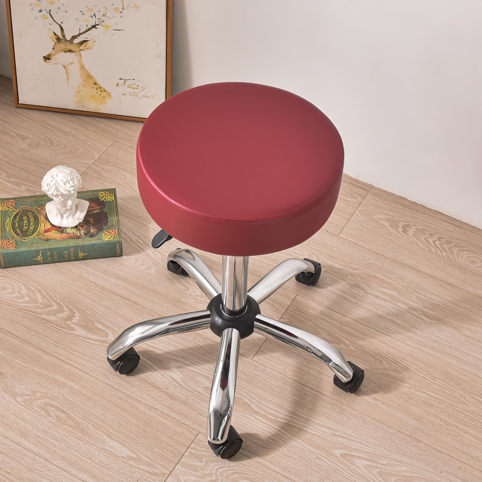 HAOYONG Waterproof PU Leather Bar Stool Covers Set of 2 - Stretch Round Seat Cushion Slipcovers with Non-Slip Bottom for Kitchen, Dining Room & Bar Counter (Red) - Perfect for Home Decor & Restaurant Use