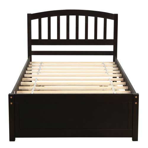 Platform Twin Bed Frame with Storage, Trundle & Headboard - Espresso Wood | Space-Saving Bed for Kids, Guest Rooms & Small Apartments
