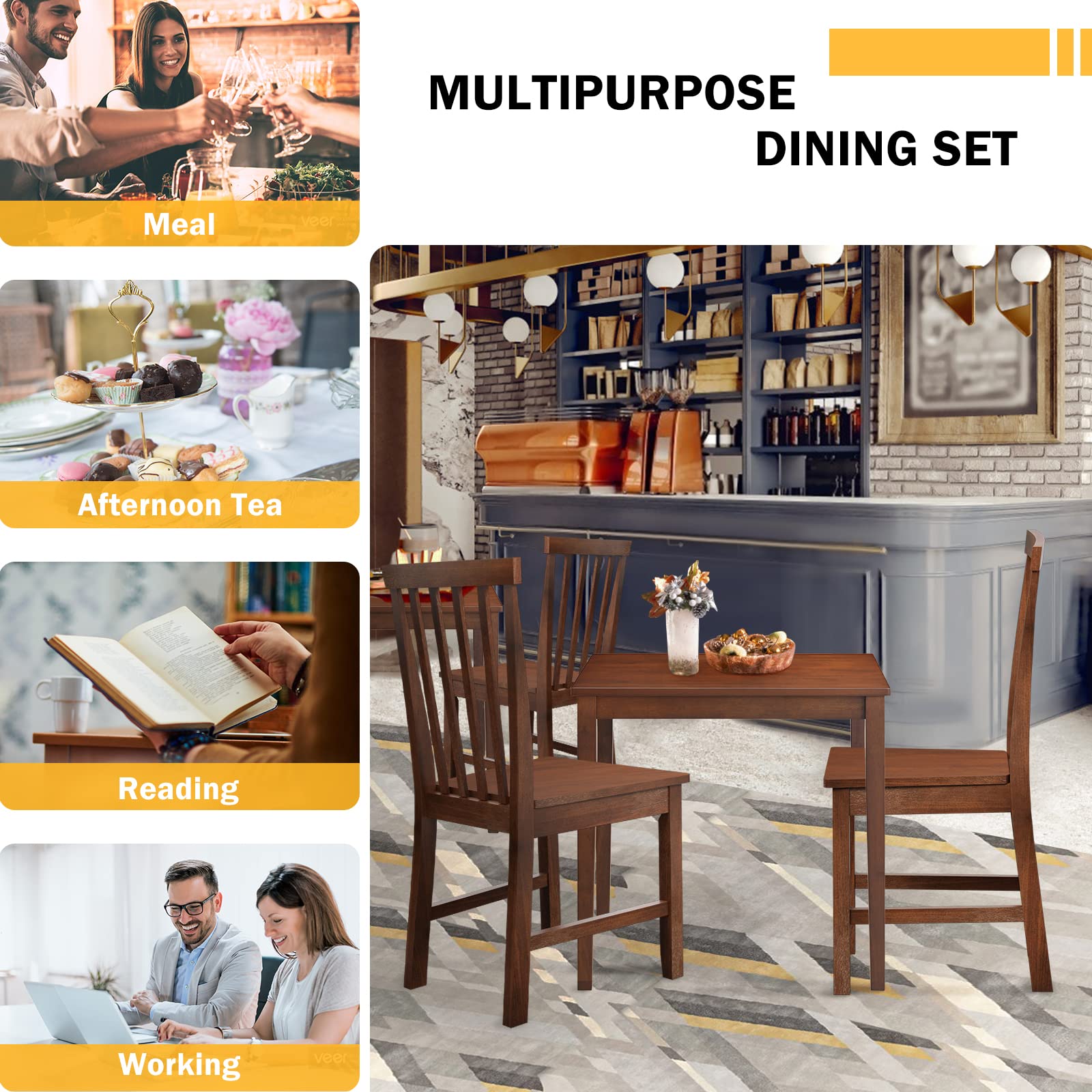 Giantex 3-Piece Wood Dining Table Set for 2, Rustic Square Kitchen Table with 2 Chairs, Walnut Finish Dinette Set - Perfect for Small Spaces, Breakfast Nooks, and Cozy Dining Rooms