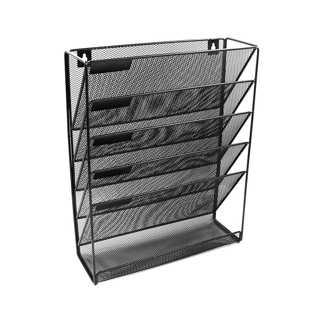 5-Tier Metal Mesh Wall-Mounted Magazine File Organizer - Black Office Desk Storage Rack for Documents, Notebooks & Files - Perfect for Home Office, Study Room & Workspace Organization
