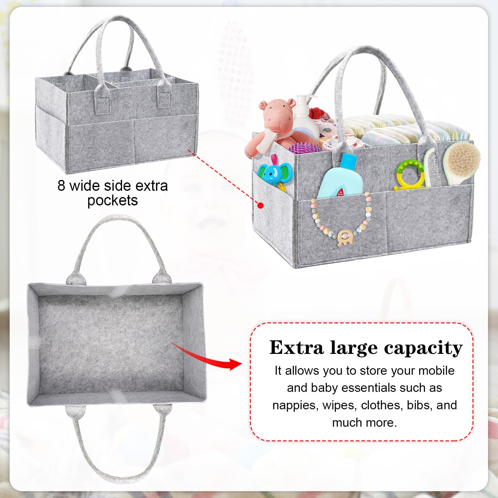 Grey Felt Baby Diaper Caddy Organizer - Portable Nursery Storage for Wipes, Diapers & Baby Essentials - Perfect for Nursery, Baby Shower Gift & On-the-Go Parents (Grey)