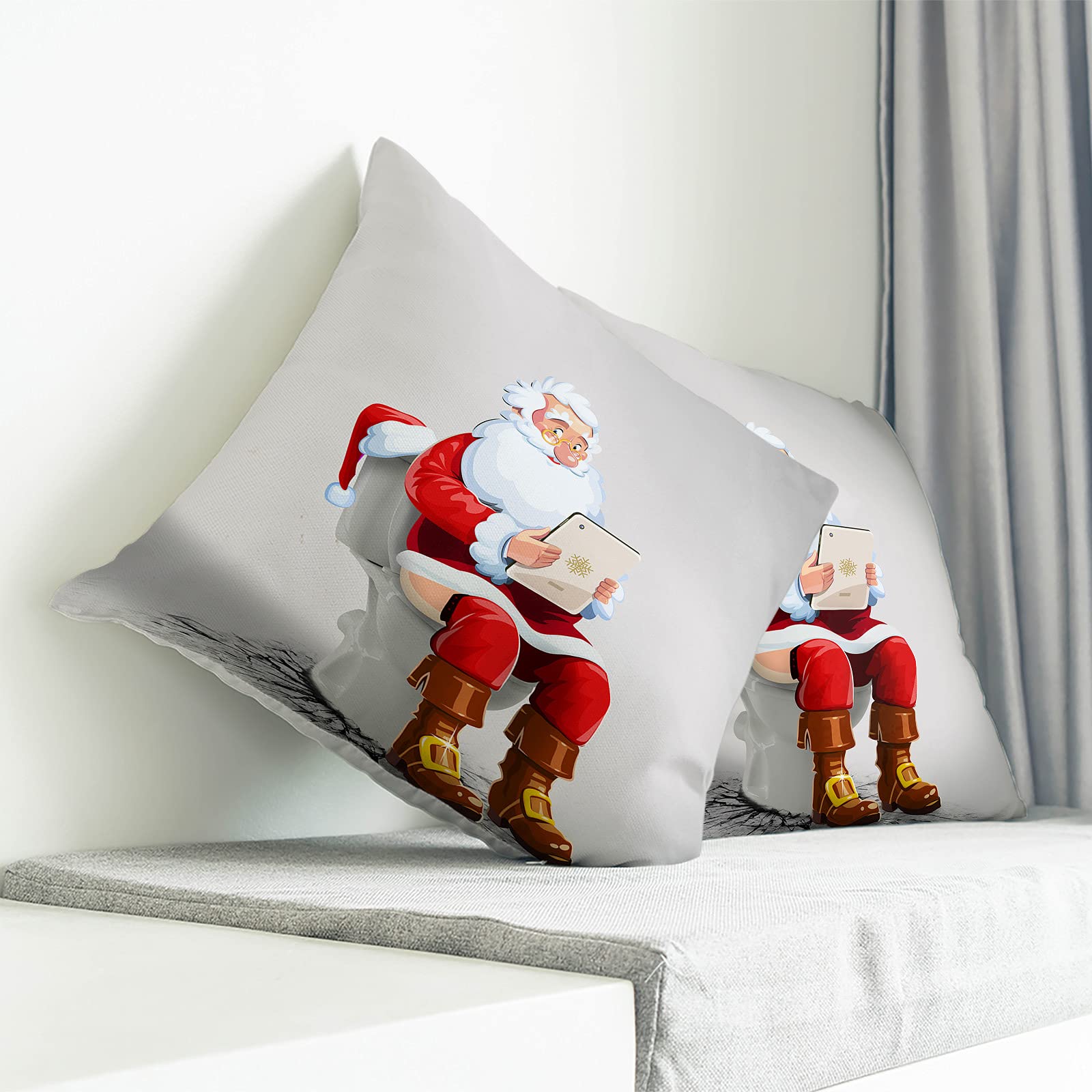 Funny Santa Claus Sitting on Toilet Cotton Throw Pillow Cover - 18x18 Inch Watercolor Red Linen Cushion Case for Sofa, Couch, Bed & Car Decor - Perfect for Christmas Home Decor, Gifts and Holiday Parties