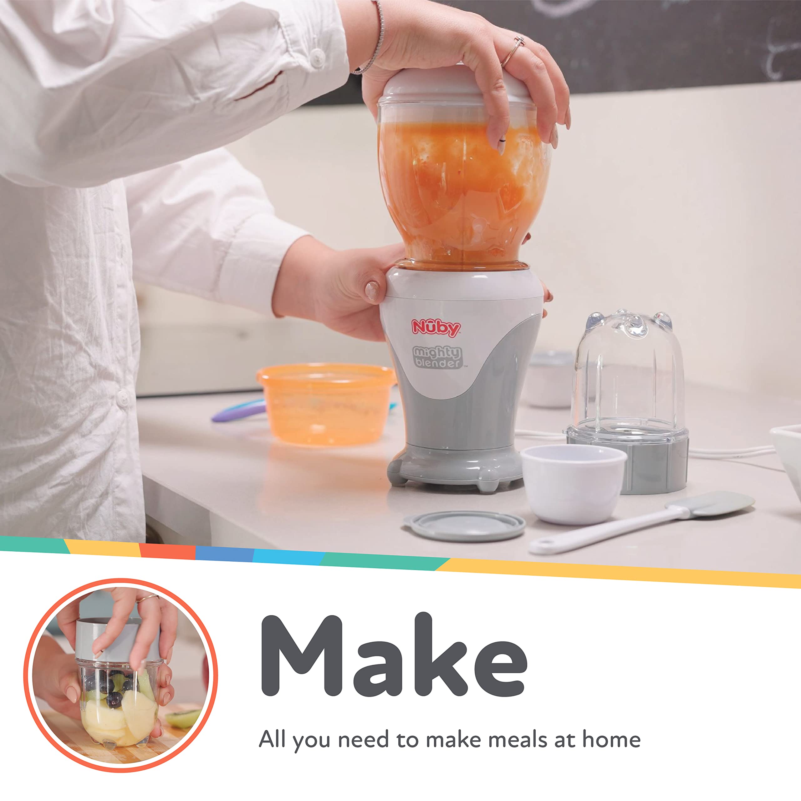Nuby Mighty Blender with Cookbook - 22-Piece Baby Food Maker Set for Different Weaning Stages - Cool Gray Design - Perfect for Homemade Purees, Smoothies & Healthy Baby Meals