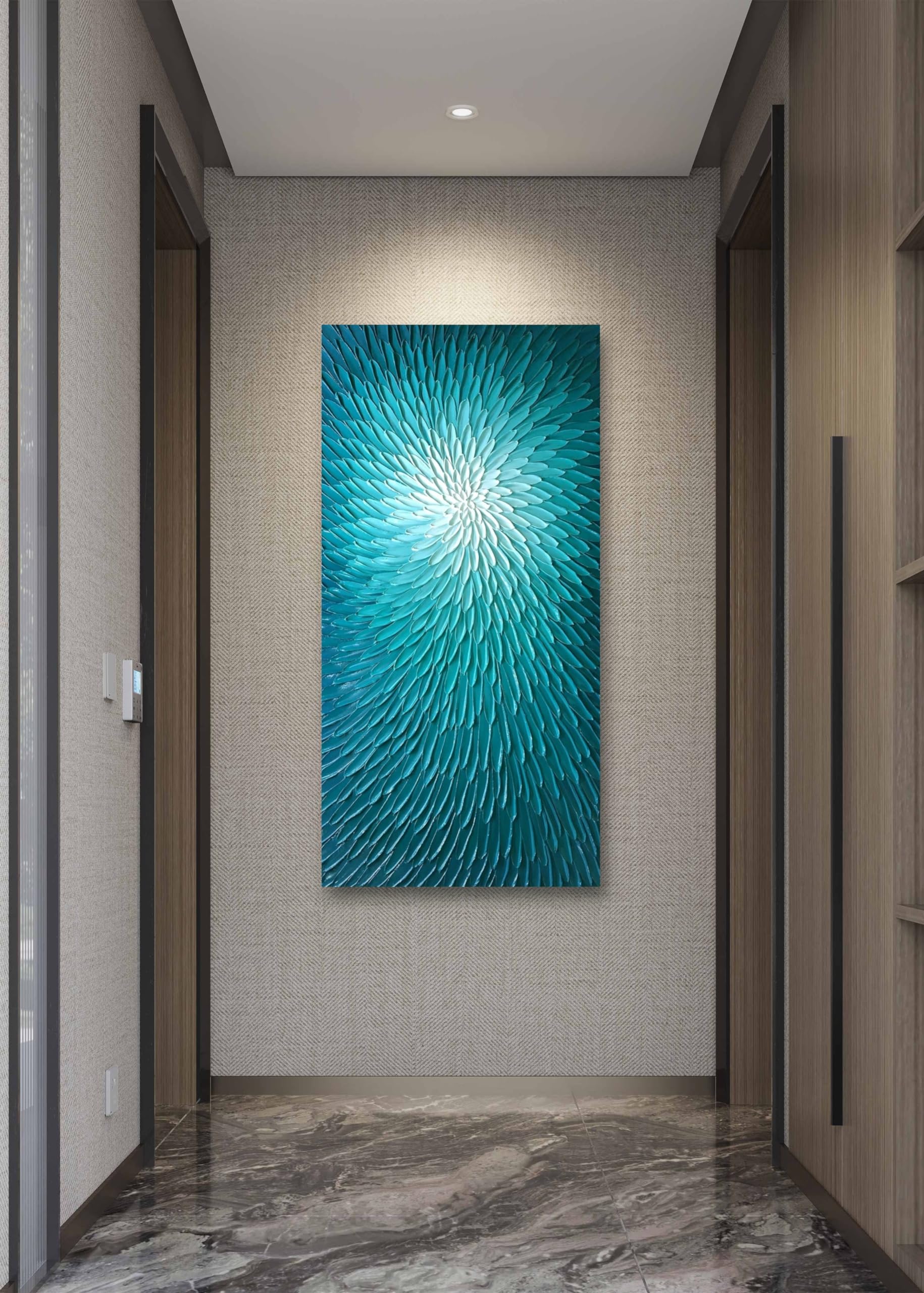 AMEI Art - 24x48 Inch Hand Painted Abstract Teal Blue Textured Oil Painting Floral Canvas Artwork | Acrylic Wall Decor with Wood Frame | Ready to Hang | Perfect for Living Room, Bedroom & Office Decor