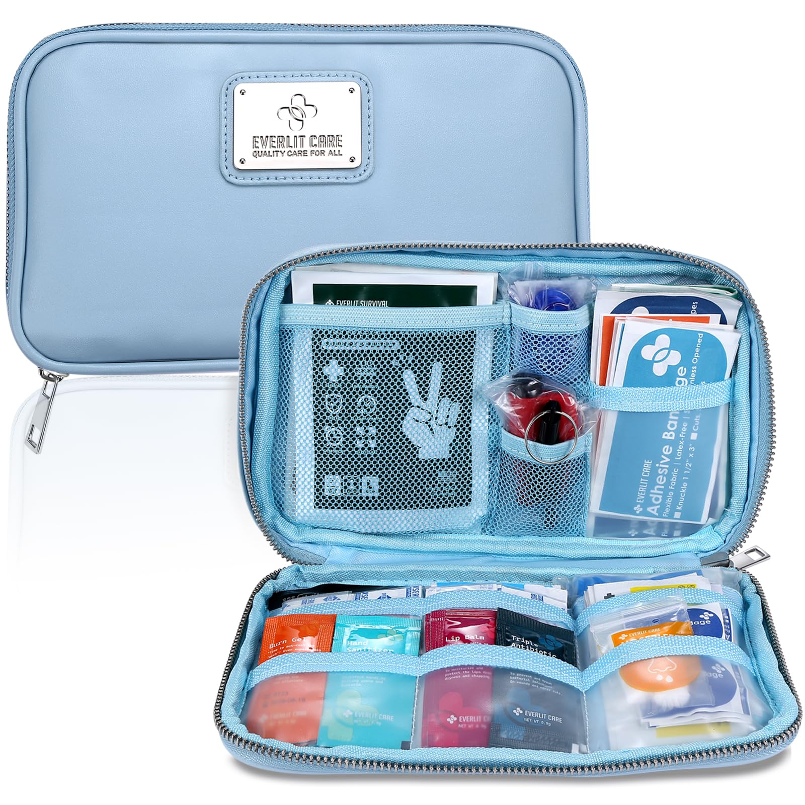 Car Sun Visor Organizer with First Aid Kit & Emergency Tools - Multi-Pocket Storage Pouch Includes Window Breaker & Disposable Urine Bag for Family Road Trips & Travel Safety (Cyan)