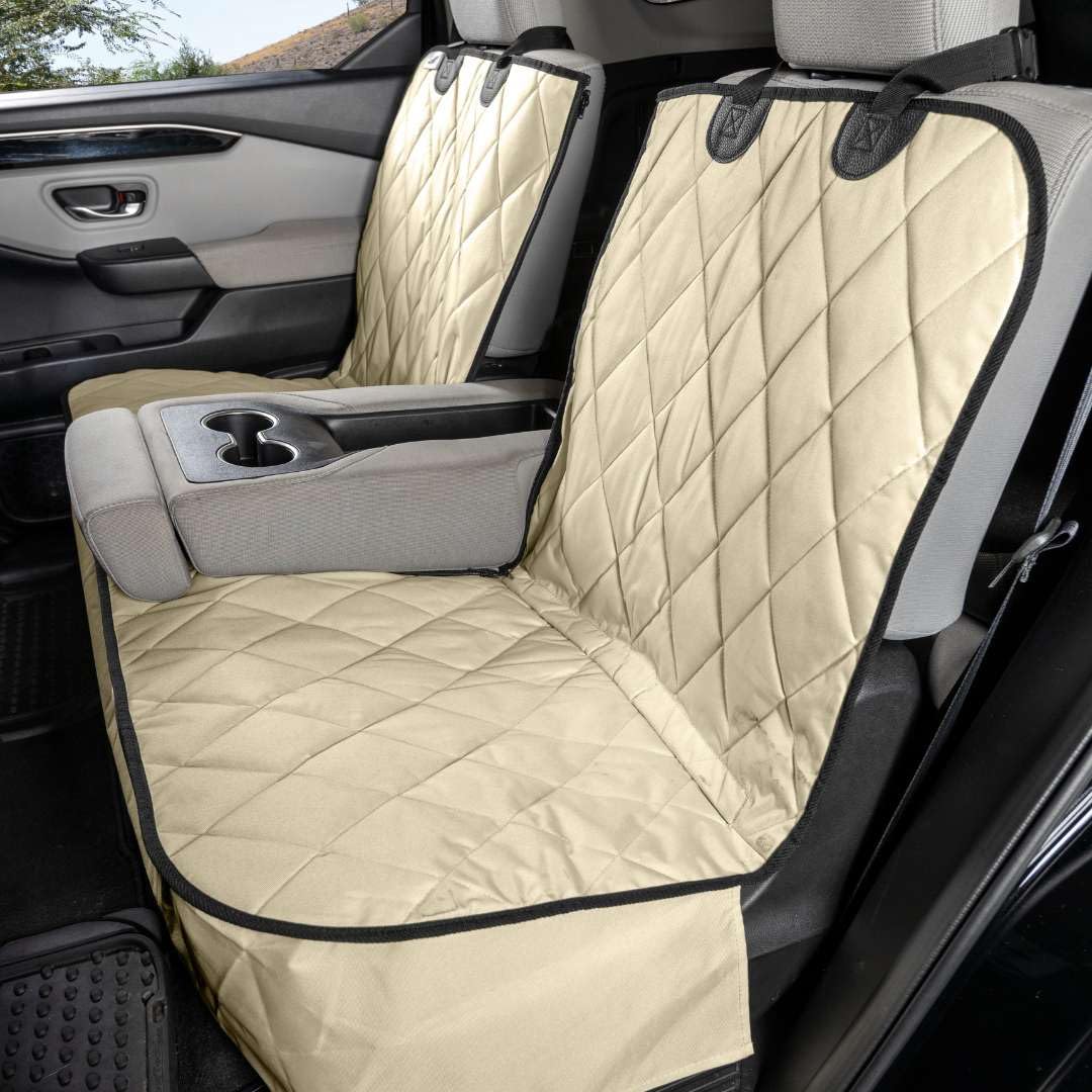 4Knines Heavy Duty Waterproof Dog Seat Cover for Back Seat - Extra Large Tan Pet Car Seat Protector Fits 60/40 Split Bench Trucks, SUVs & Cars | Non-Slip Middle Seat Belt Design | Perfect for Road Trips, Pet Travel & Daily Commutes