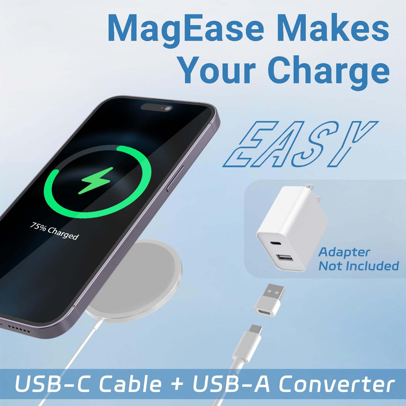 15W Fast Wireless Charger for iPhone - MagSafe Compatible Magnetic Charger with USB-C for iPhone 16/15 Pro Max/14/13/12/11/X/XS/XR & AirPods 2 (White) | Perfect for Home, Office & Travel Charging