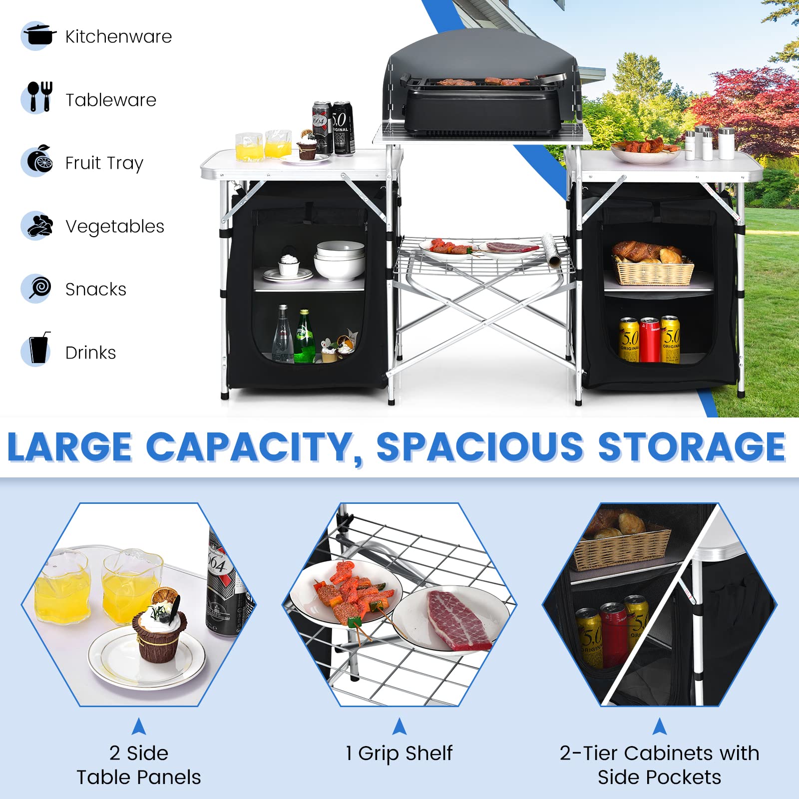 Tangkula 2-Tier Aluminum Folding Camping Table with Windscreen - Portable Cook Station with Storage Shelves & Carry Bag - Perfect for Outdoor Cooking, Picnics, BBQs, Camping & Backyard Parties