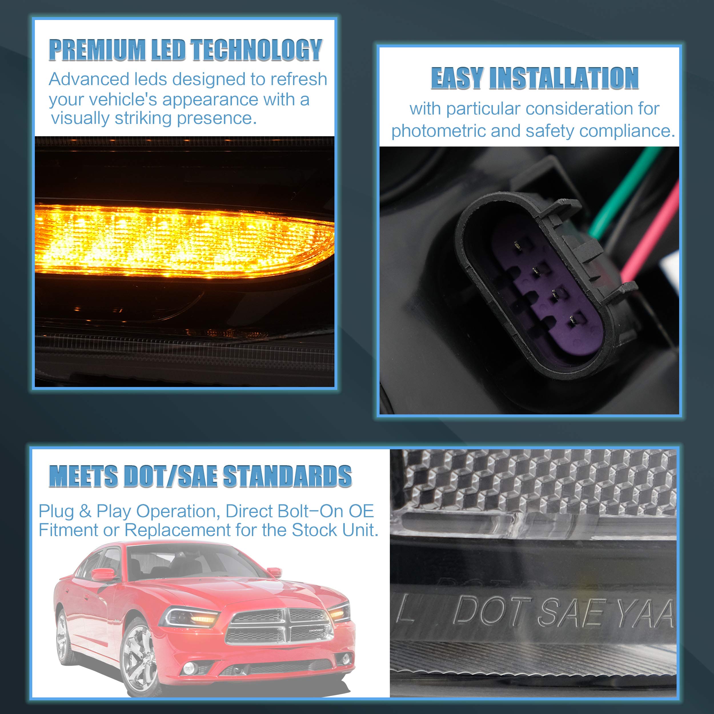VLAND Headlight Assembly Compatible with 2011-2014 Dodge Charger (LD) Pre-Facelift Models - Excludes 2012 SE - Plug & Play Direct Replacement - Perfect for Night Driving & Car Upgrades