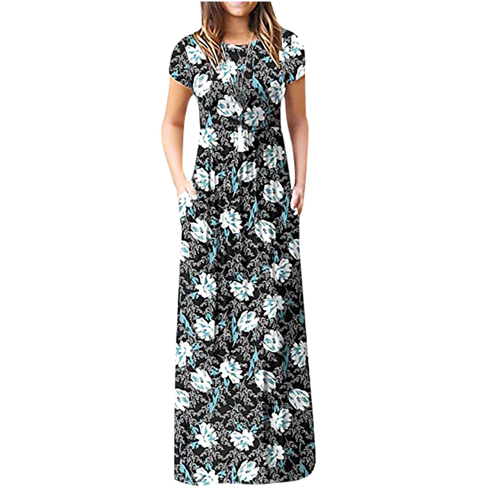 Floral Maxi Dress for Women - Short Sleeve High Waist Long Dress with Pockets | Summer Beach Wedding, Vacation, Party Wear