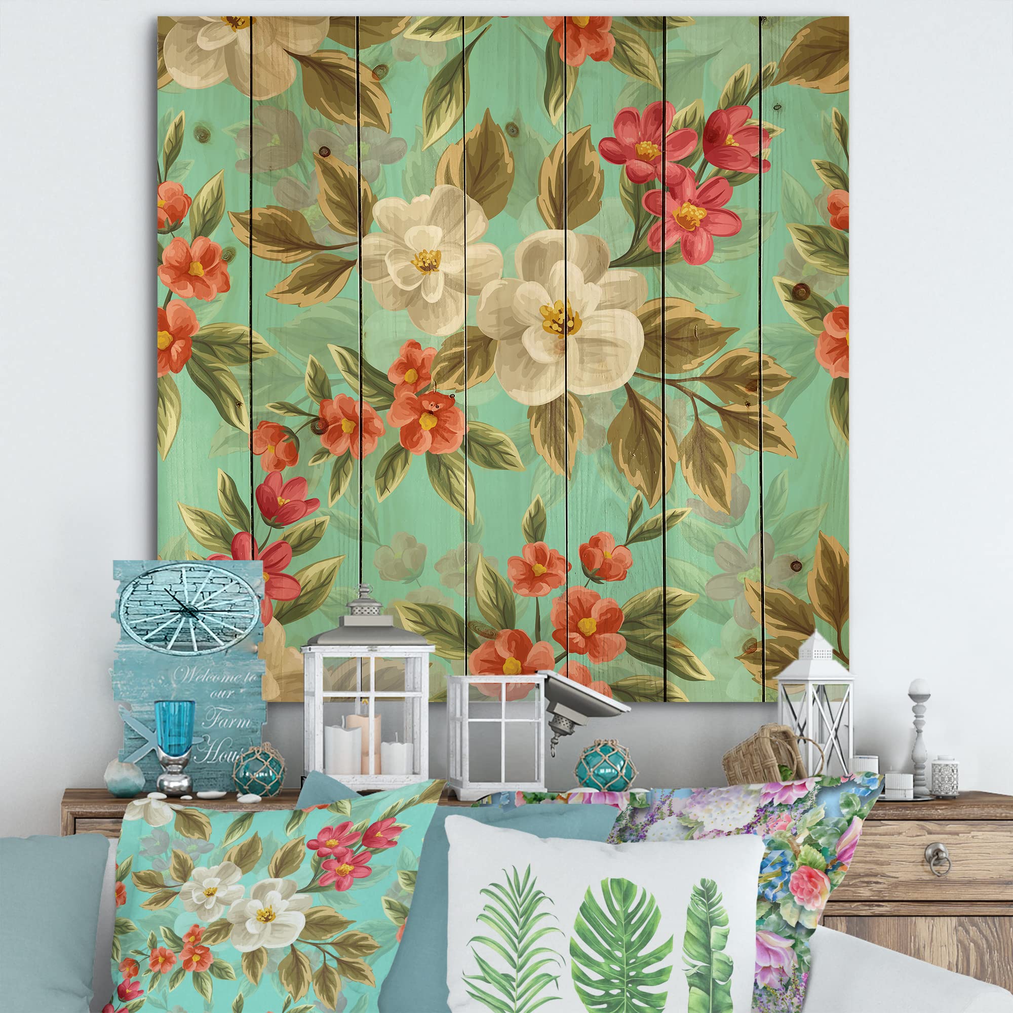 DesignQ Floral Seamless Pattern Traditional Wood Wall Decor - Green Wood Wall Art - Large Floral Wood Panels Printed on Natural Pine - Perfect for Living Room, Bedroom & Office Decor