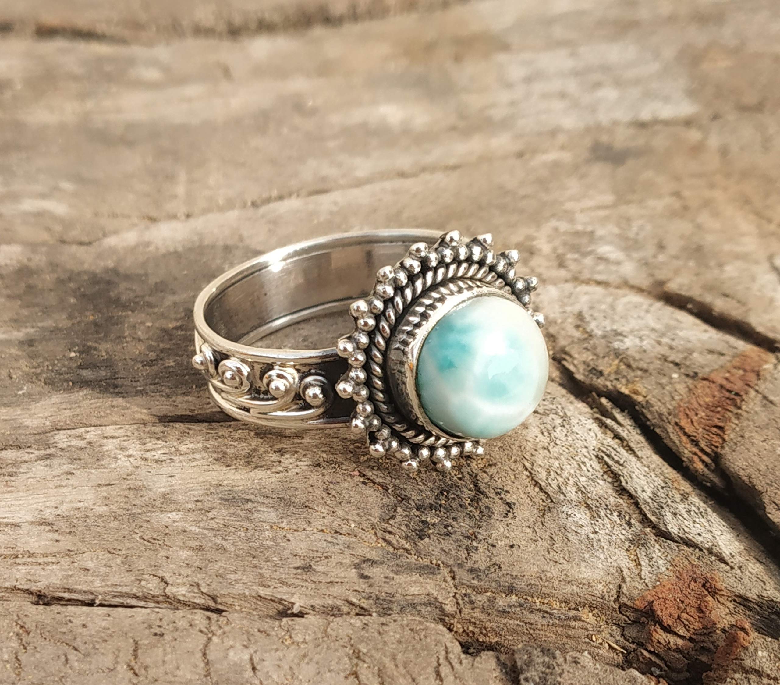 Larimar Ring Sterling Silver | Dominican Republic Stone Jewelry | Boho Vintage Style Promise Ring | Anniversary & Bridesmaid Gift for Her | Perfect for Weddings, Beach Vacations & Boho Fashion