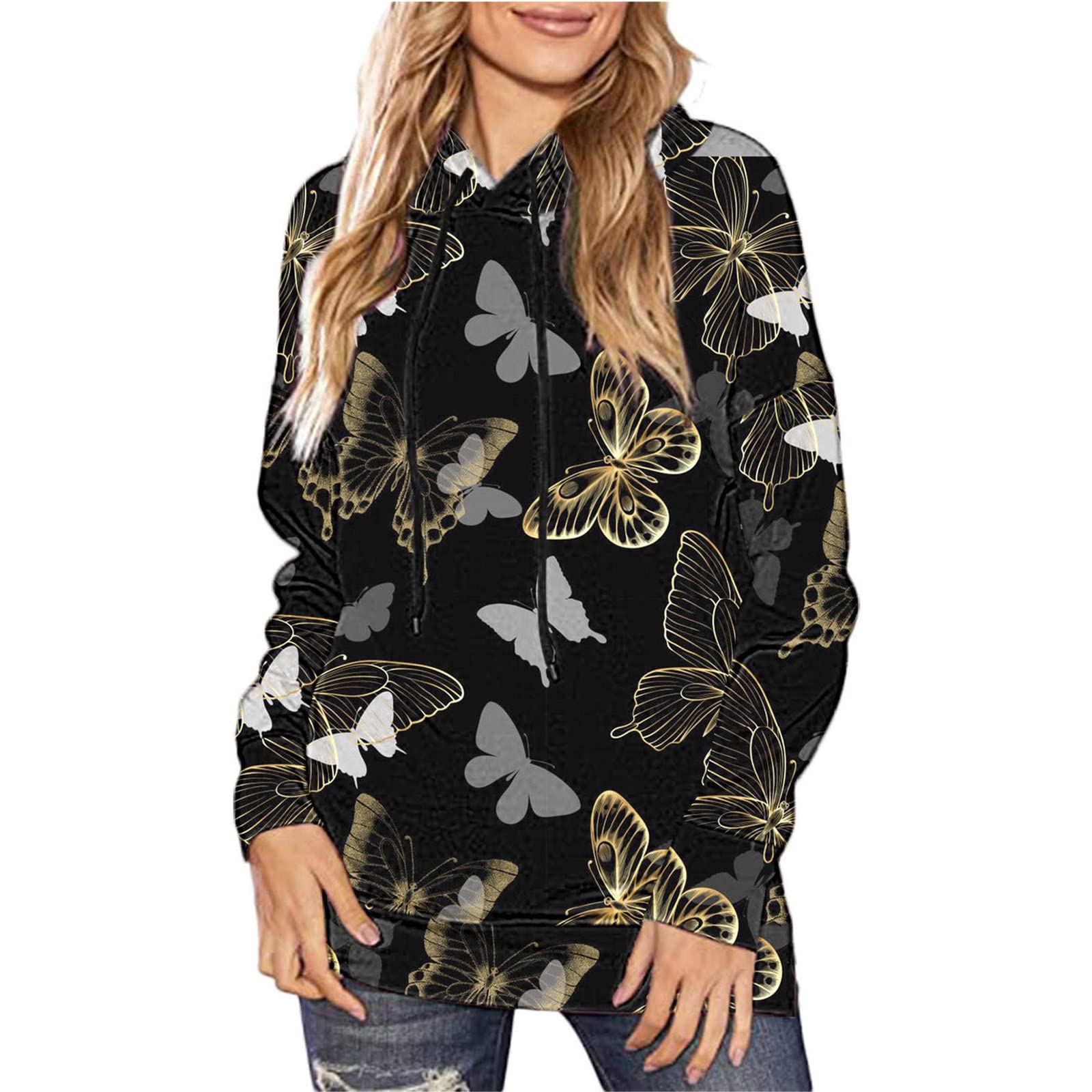 Butterfly Print Hooded Sweatshirt for Women - Fashion Casual Long Sleeve Pullover Jacket for Spring & Fall | Perfect for Outdoor Activities, Daily Wear & Layering