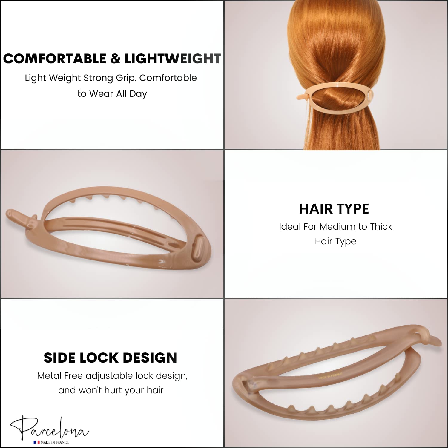 French Plain Oval Large No Metal Hair Clip Barrettes - Beige | Non-Slip Hair Accessories for Women, Girls | Perfect for Work, Weddings & Everyday Styling