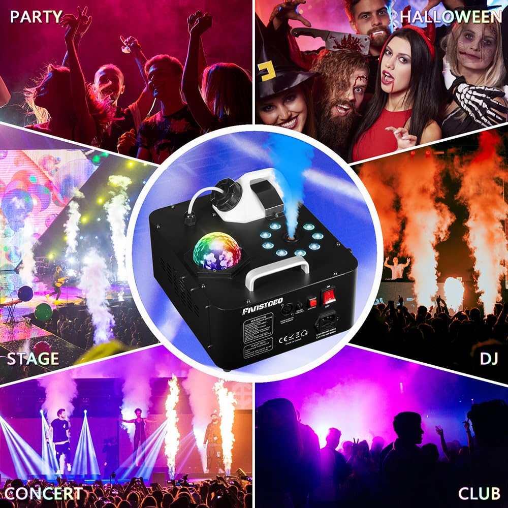 Professional Fog Machine with LED Lights & Disco Ball - Wireless Remote & Sound Activated Vertical/Horizontal Smoke Effect for Halloween Parties, Stage Shows, DJ Events & Home Disco