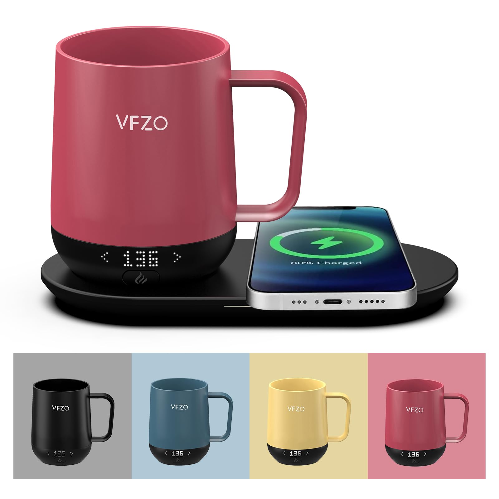 Smart Self-Heating Coffee Mug with Temperature Control & LED Display - 180 Min Battery Life, Fast Wireless Charging (149℉ Max) - Perfect for Office, Travel & Home Use - 12oz Dusty Rose Color