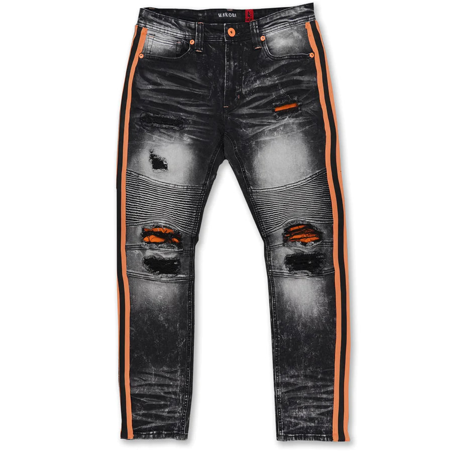 Makobi M1986 Ozarks Shredded Jeans with Side Tapes - Black/Peach | Distressed Denim Pants for Men | Perfect for Streetwear, Casual Outfits & Music Festivals